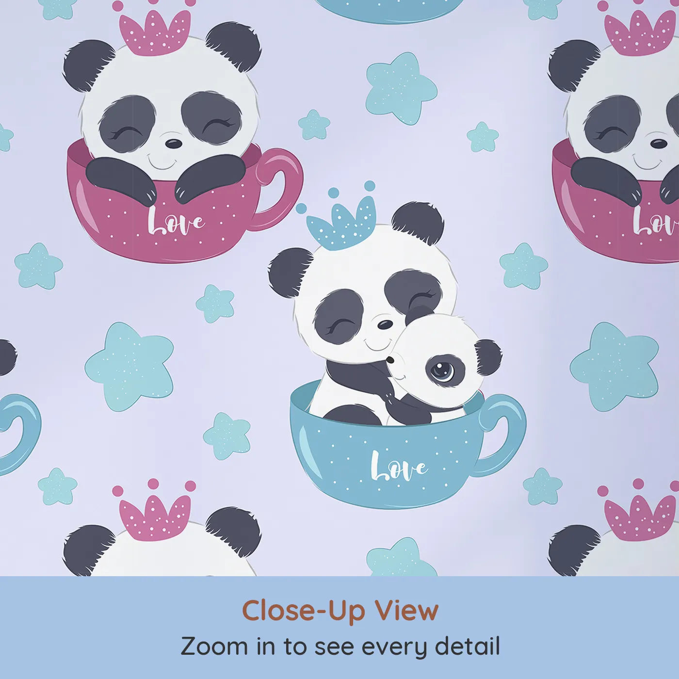 Close-up view of Whimsy Tots' Cuddle Cup Panda Wallpaper in Lavender (W3036E).Cuddly pandas and sparkly stars swirl in a soft purple sky of love.