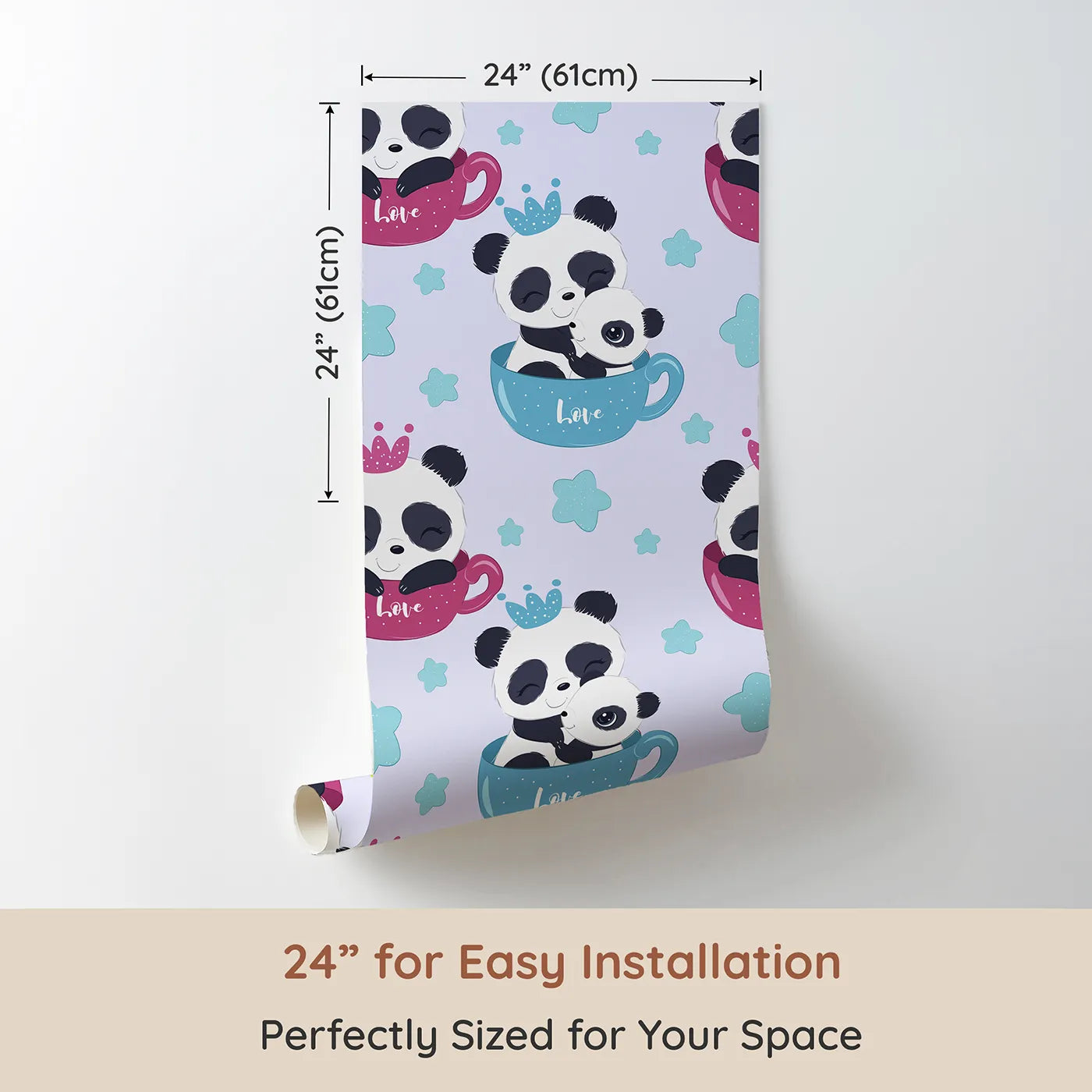 Dimension view of Whimsy Tots Cuddle Cup Panda Wallpaper in Lavender (W3036E). Printed in 24-inch-wide panel for easy installation. Cuddly pandas and sparkly stars swirl in a soft purple sky of love.