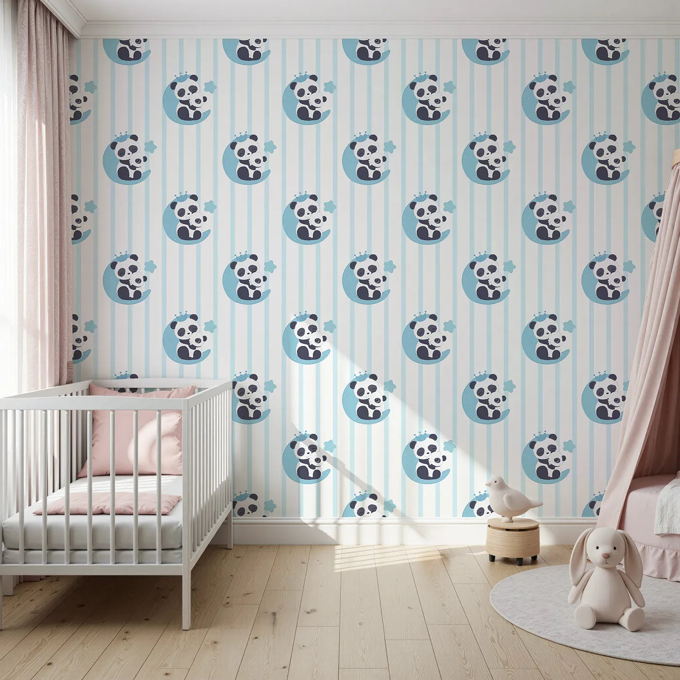 Front view of Whimsy Tots' Moon Cuddle Panda Wallpaper in Blue