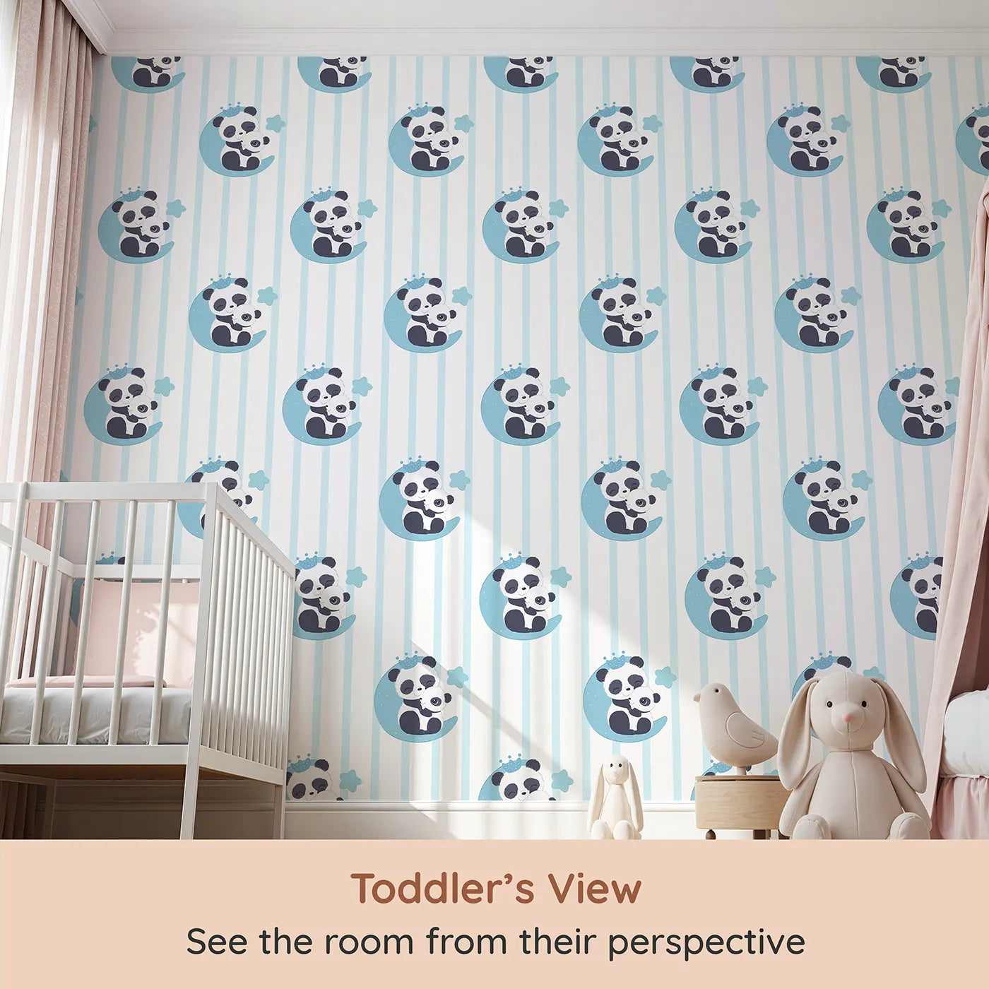 Whimsy Tots Moon Cuddle Panda Wallpaper in Blue (W3037A) from your child's view.A cuddly panda duo rests on the moon, under soft stripes and starry skies.