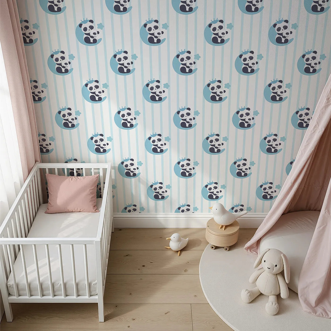 Top-Down view of Whimsy Tots' Moon Cuddle Panda Wallpaper in Blue (W3037A).A cuddly panda duo rests on the moon, under soft stripes and starry skies.