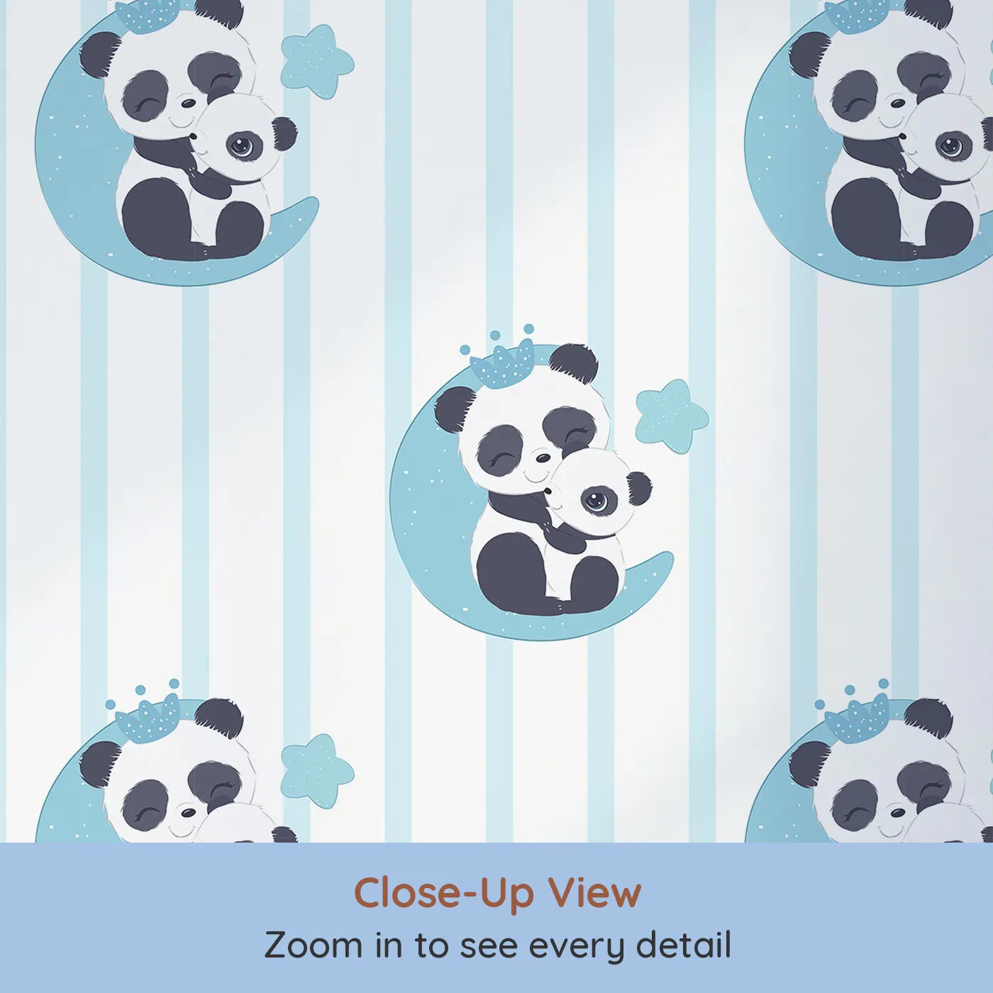 Close-up view of Whimsy Tots' Moon Cuddle Panda Wallpaper in Blue (W3037A).A cuddly panda duo rests on the moon, under soft stripes and starry skies.