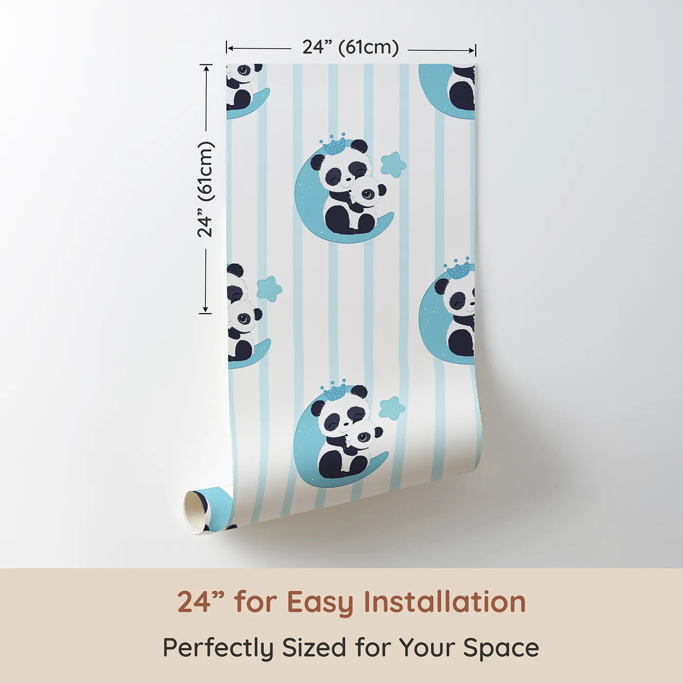 Dimension view of Whimsy Tots Moon Cuddle Panda Wallpaper in Blue (W3037A). Printed in 24-inch-wide panel for easy installation. A cuddly panda duo rests on the moon, under soft stripes and starry skies.