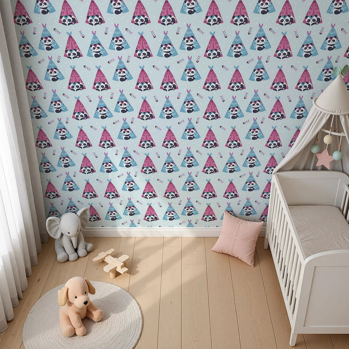 Top-Down view of Whimsy Tots' Tribal Camp Panda Wallpaper in Blue (W3038A).Pandas play and nap inside colorful tribal tents on a soft sky-blue field.