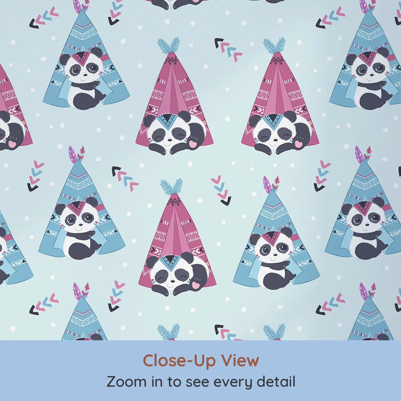 Close-up view of Whimsy Tots' Tribal Camp Panda Wallpaper in Blue (W3038A).Pandas play and nap inside colorful tribal tents on a soft sky-blue field.