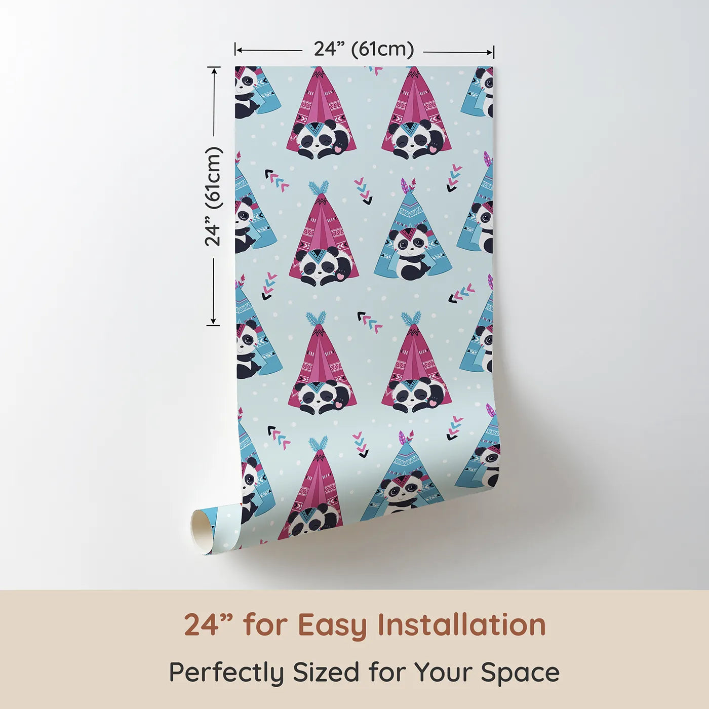 Dimension view of Whimsy Tots Tribal Camp Panda Wallpaper in Blue (W3038A). Printed in 24-inch-wide panel for easy installation. Pandas play and nap inside colorful tribal tents on a soft sky-blue field.