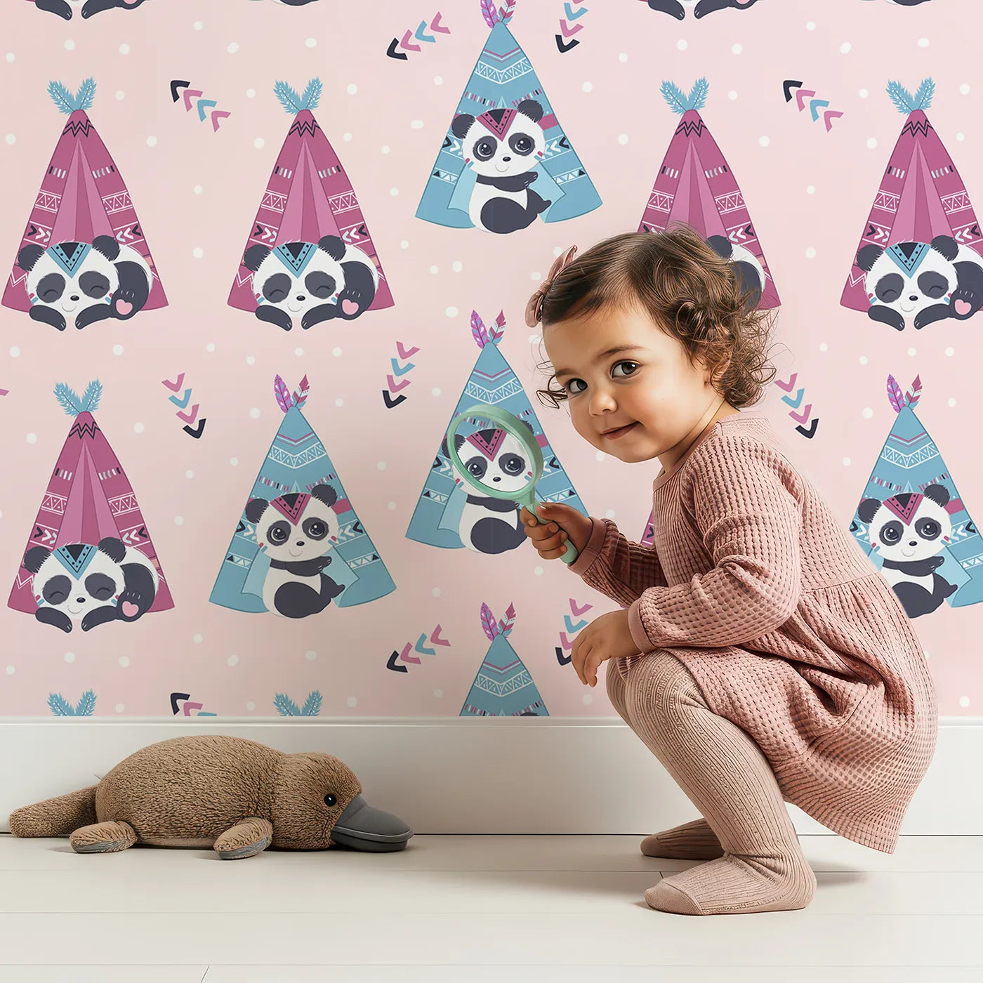 Lovely child standing in front of Whimsy Tots Tribal Camp Panda Wallpaper in Pink with panda, teepee, feather, arrow, dot in design.