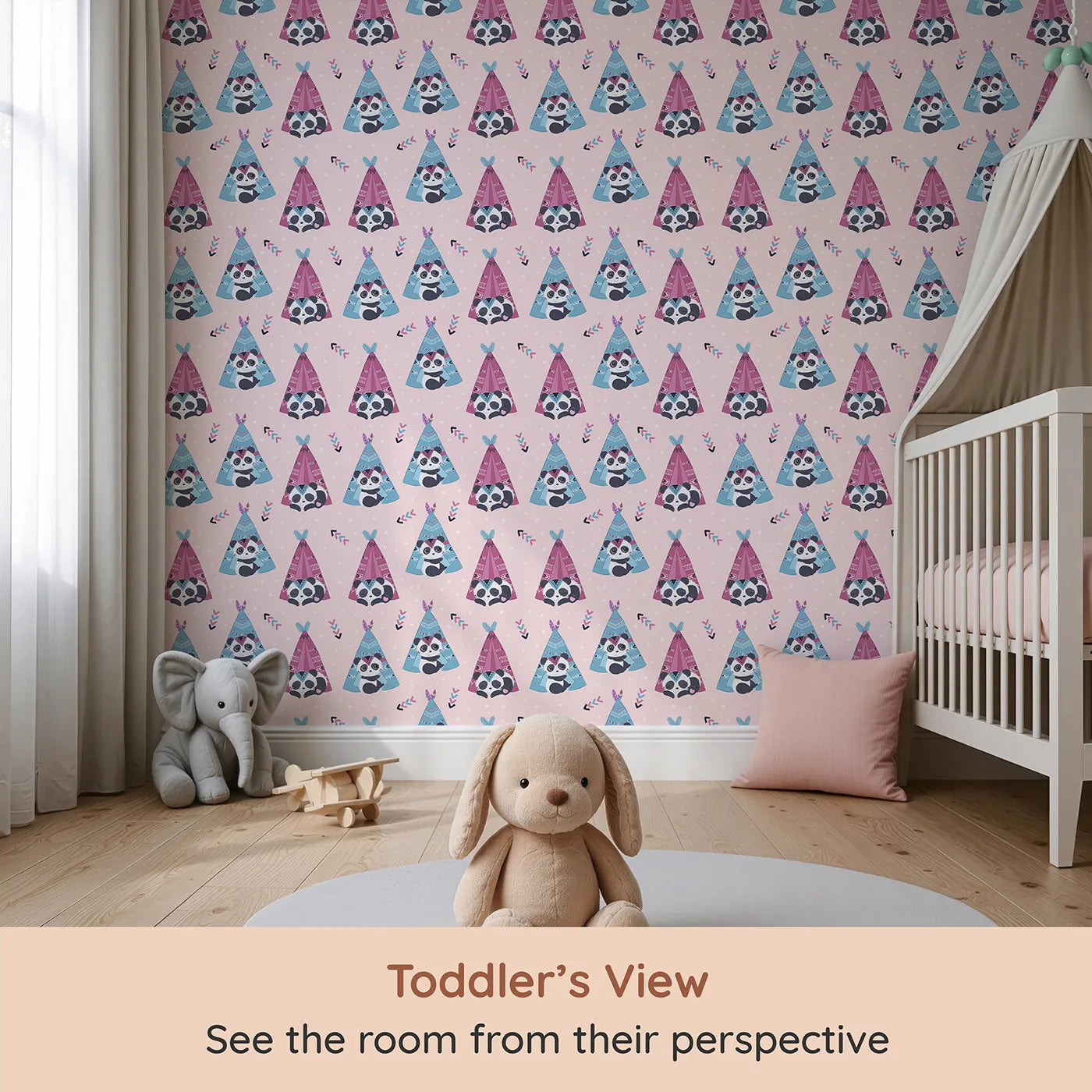 Whimsy Tots Tribal Camp Panda Wallpaper in Pink (W3038B) from your child's view.Snuggly pandas peek from patterned tents in a playful pink wonderland.