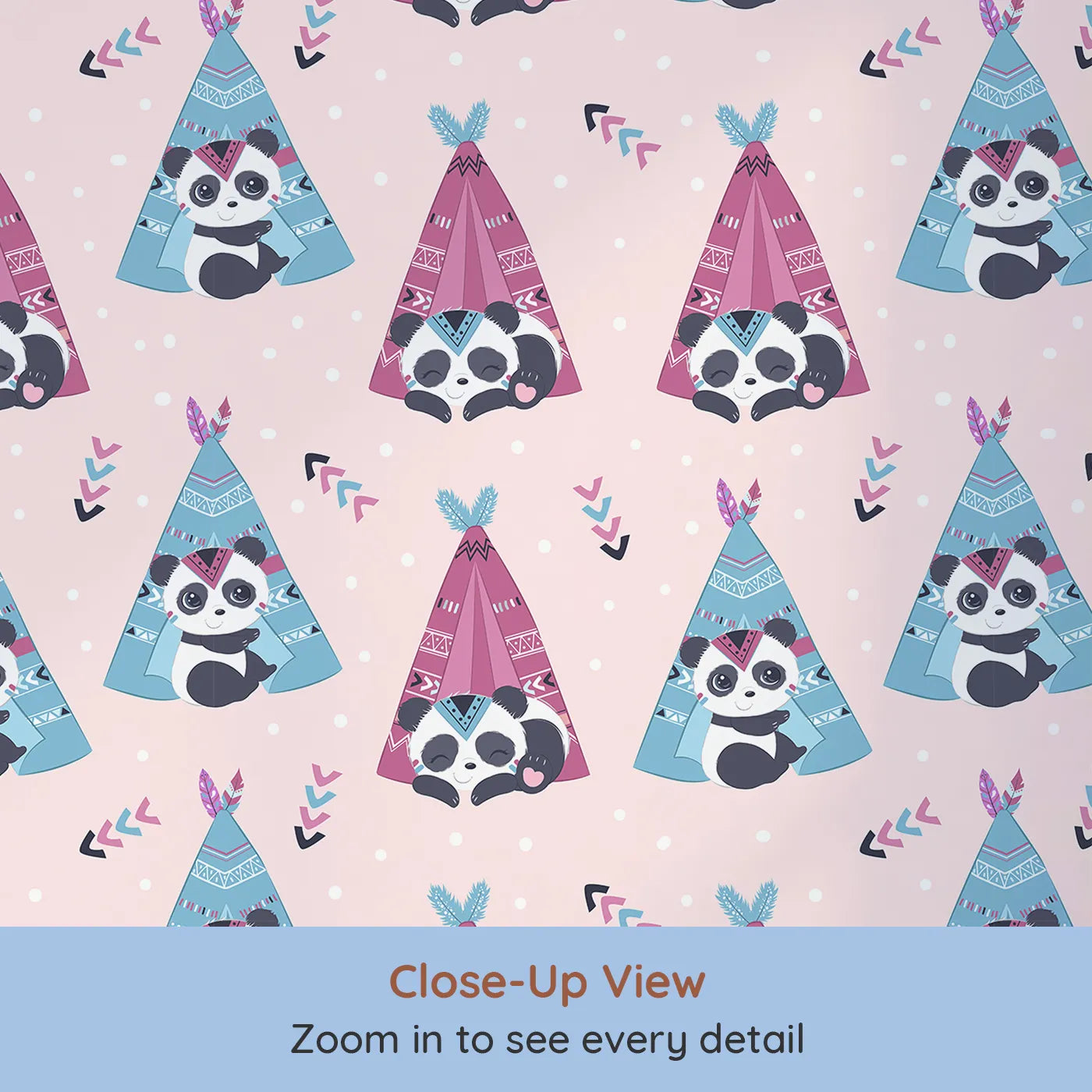 Close-up view of Whimsy Tots' Tribal Camp Panda Wallpaper in Pink (W3038B).Snuggly pandas peek from patterned tents in a playful pink wonderland.