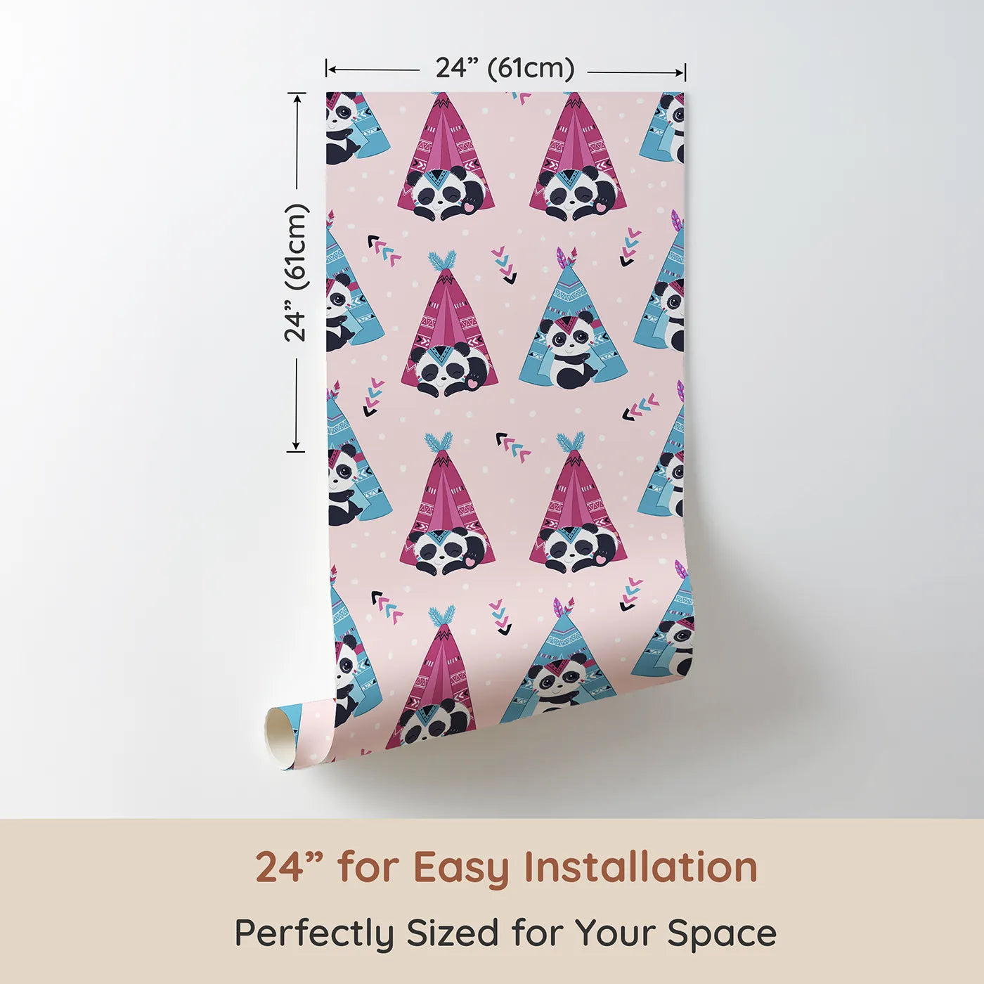 Dimension view of Whimsy Tots Tribal Camp Panda Wallpaper in Pink (W3038B). Printed in 24-inch-wide panel for easy installation. Snuggly pandas peek from patterned tents in a playful pink wonderland.