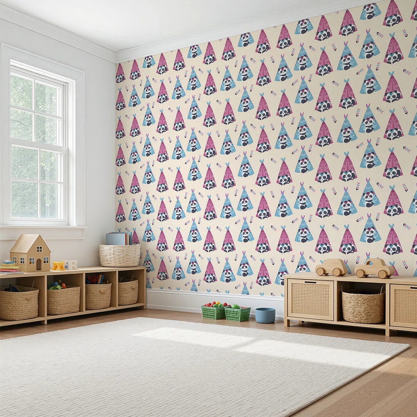 Angled view of Whimsy Tots' Tribal Camp Panda Wallpaper in Beige (W3038C).Pandas snuggle in patterned tents on a soft beige backdrop full of warmth.