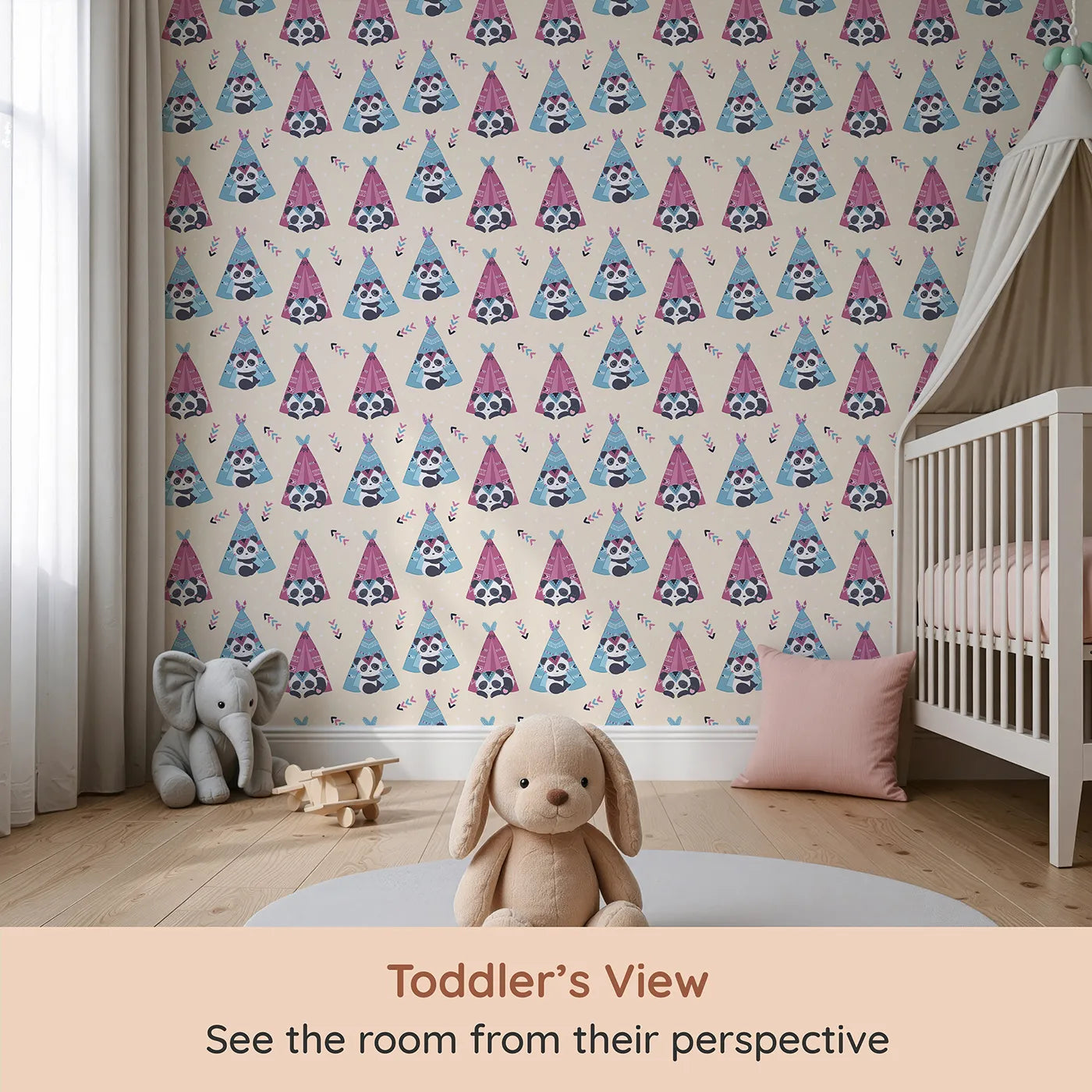 Whimsy Tots Tribal Camp Panda Wallpaper in Beige (W3038C) from your child's view.Pandas snuggle in patterned tents on a soft beige backdrop full of warmth.