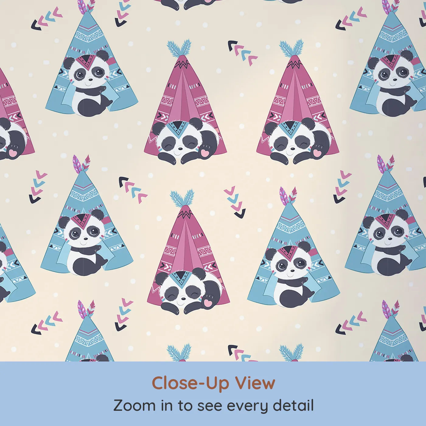 Close-up view of Whimsy Tots' Tribal Camp Panda Wallpaper in Beige (W3038C).Pandas snuggle in patterned tents on a soft beige backdrop full of warmth.