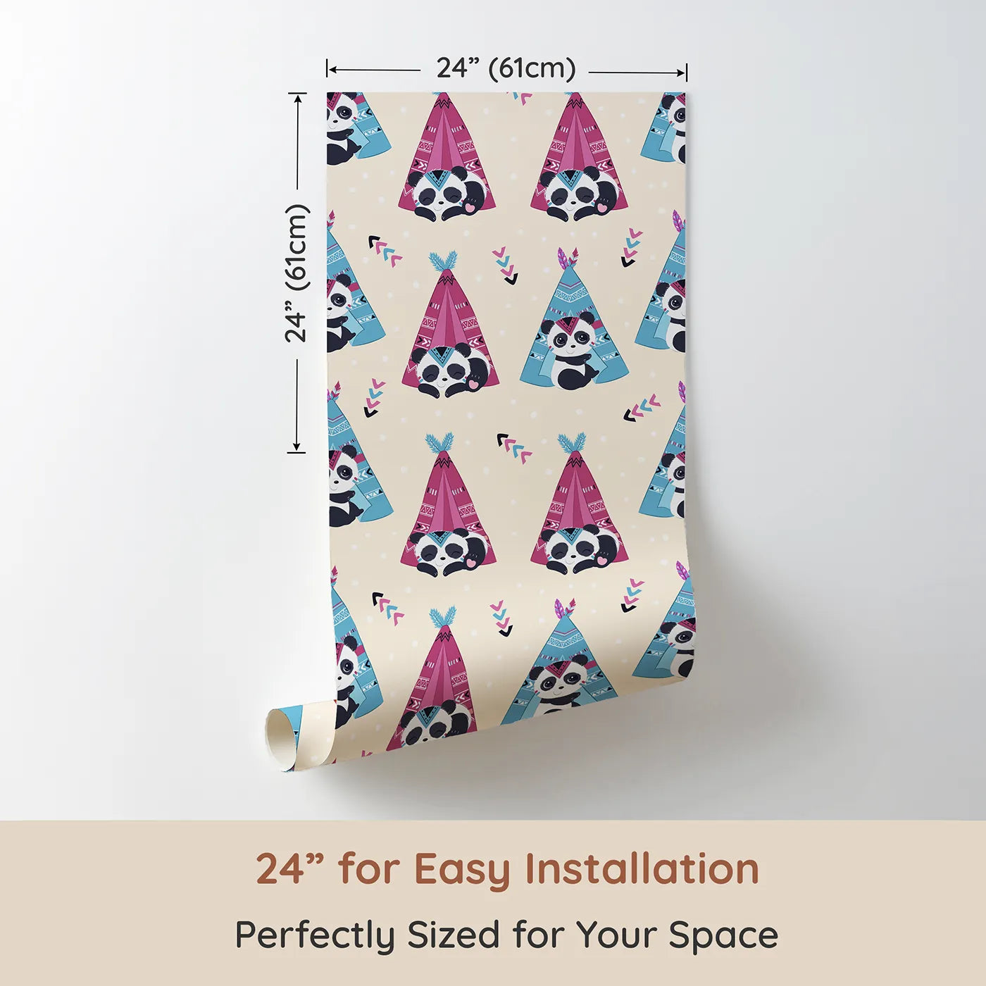 Dimension view of Whimsy Tots Tribal Camp Panda Wallpaper in Beige (W3038C). Printed in 24-inch-wide panel for easy installation. Pandas snuggle in patterned tents on a soft beige backdrop full of warmth.