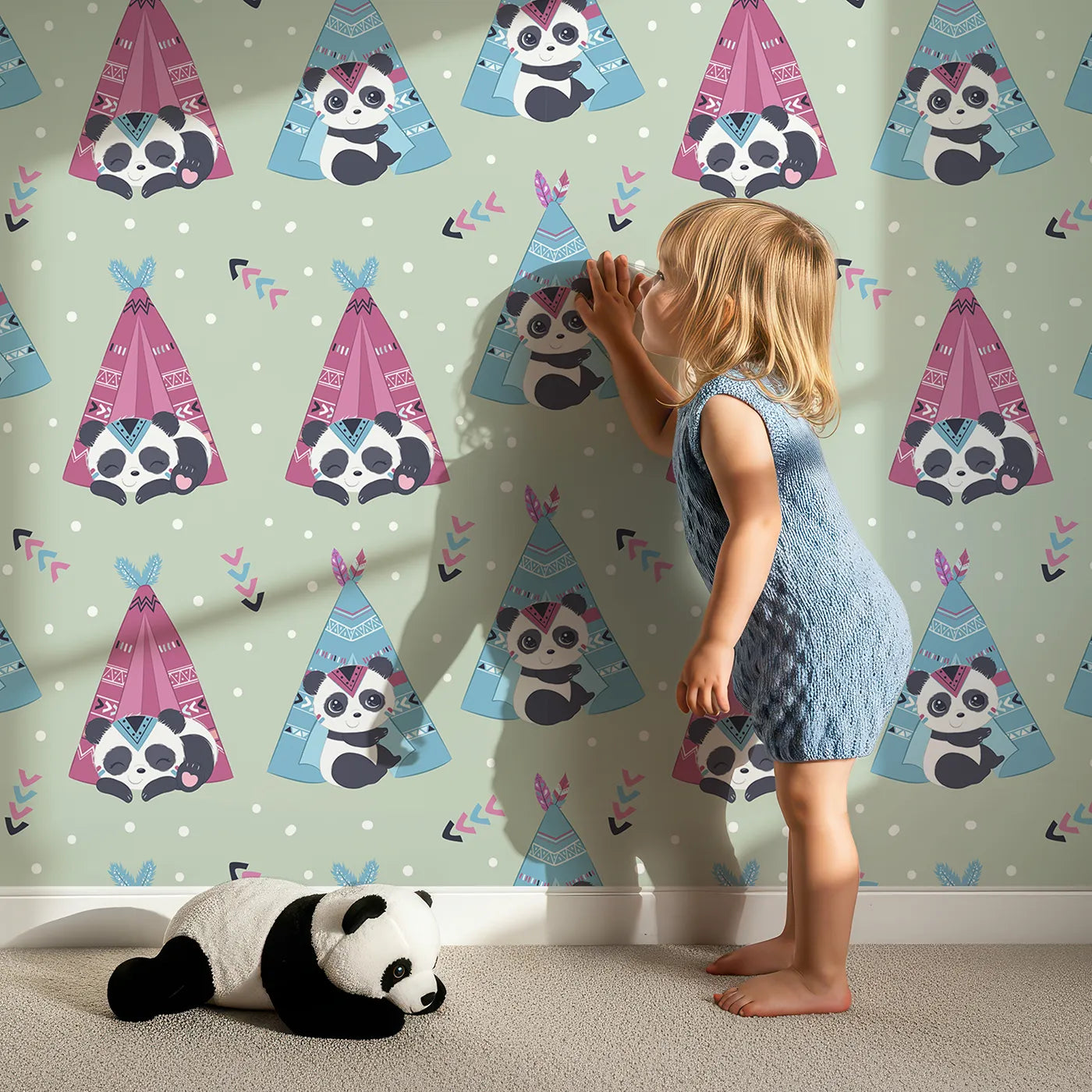 Lovely child standing in front of Whimsy Tots Tribal Camp Panda Wallpaper in Sage Green with panda, teepee, feather, arrow, dot in design.