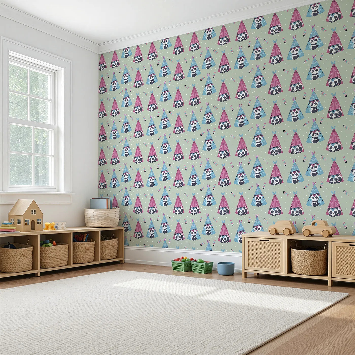 Angled view of Whimsy Tots' Tribal Camp Panda Wallpaper in Sage Green (W3038D).Cuddly pandas rest in tribal tents across a soft sage green landscape.