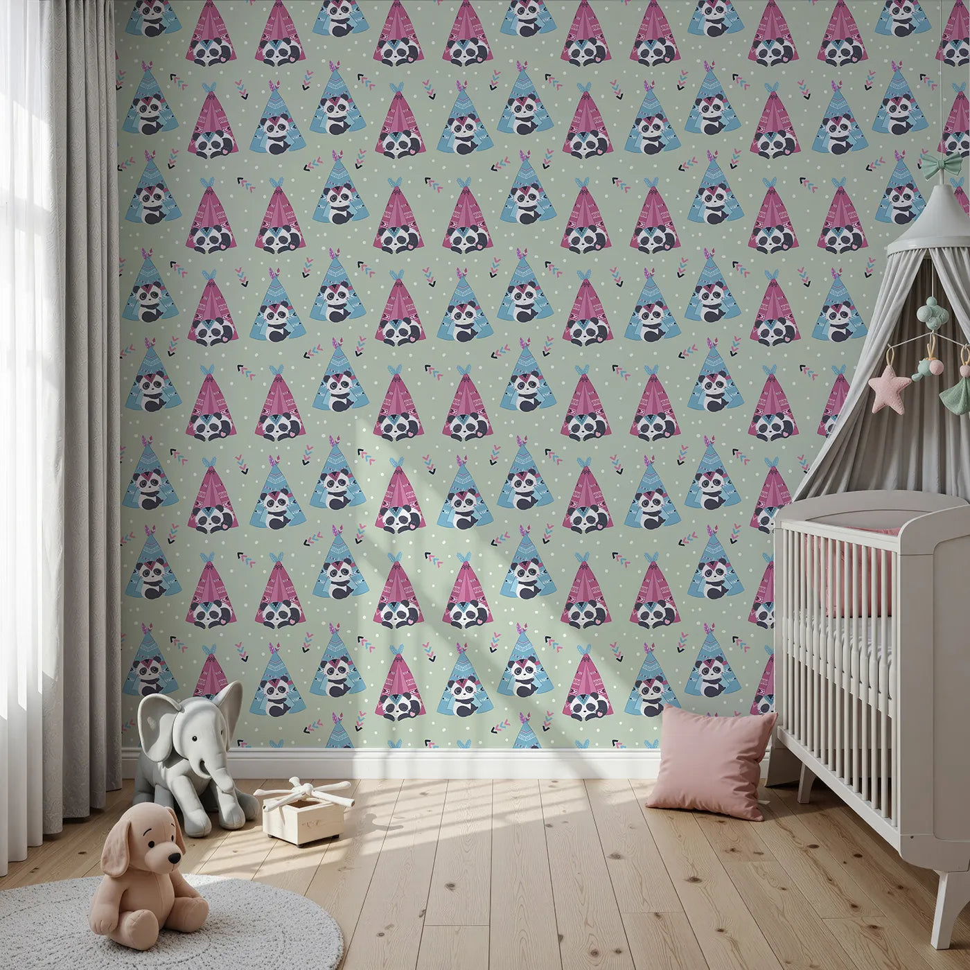Front view of Whimsy Tots' Tribal Camp Panda Wallpaper in Sage Green