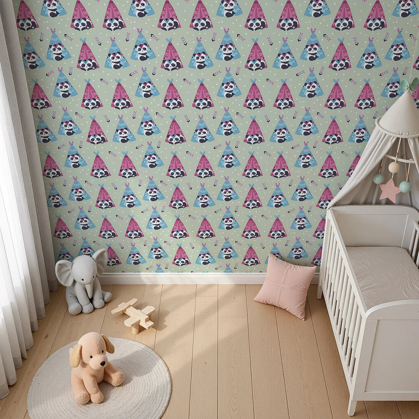 Top-Down view of Whimsy Tots' Tribal Camp Panda Wallpaper in Sage Green (W3038D).Cuddly pandas rest in tribal tents across a soft sage green landscape.