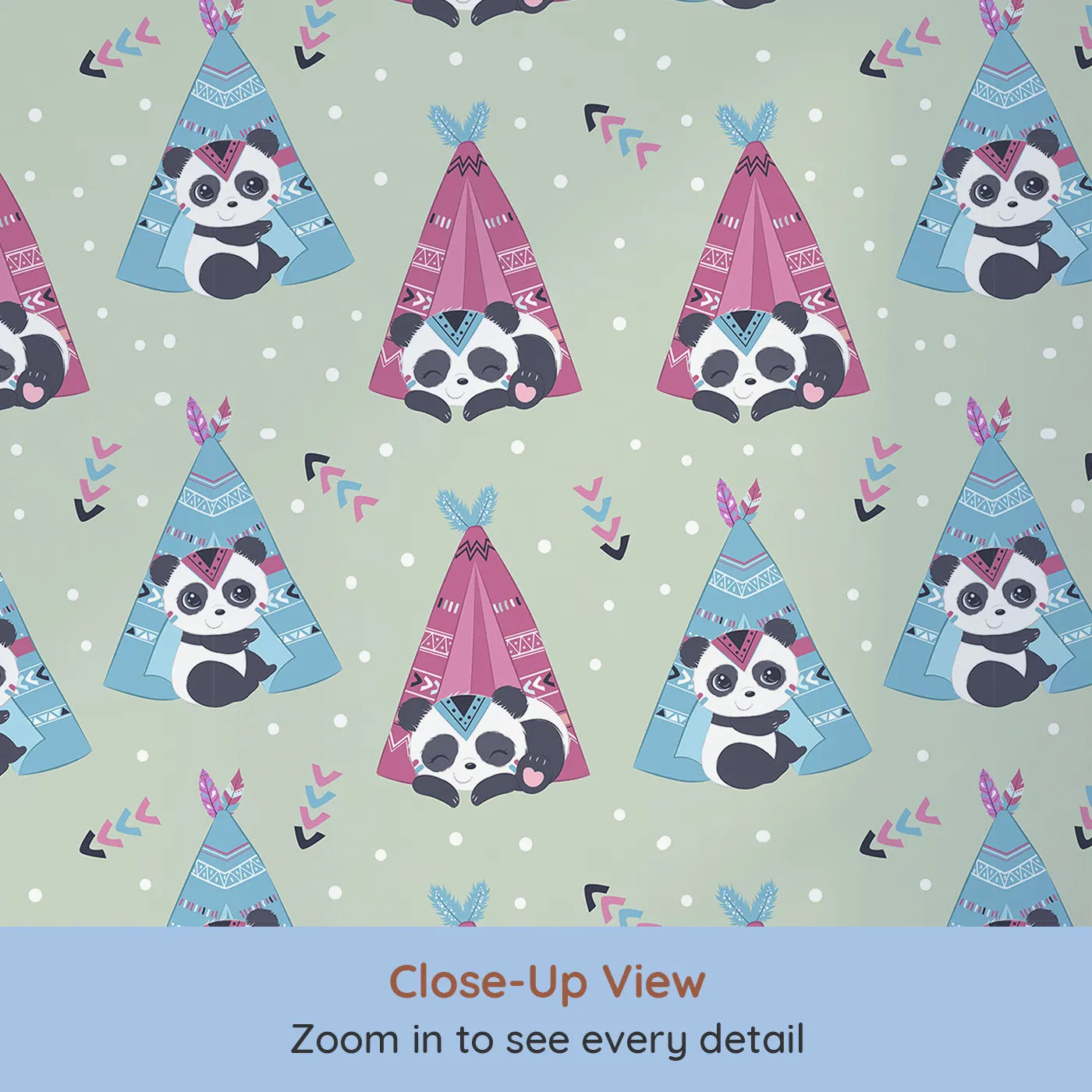 Close-up view of Whimsy Tots' Tribal Camp Panda Wallpaper in Sage Green (W3038D).Cuddly pandas rest in tribal tents across a soft sage green landscape.
