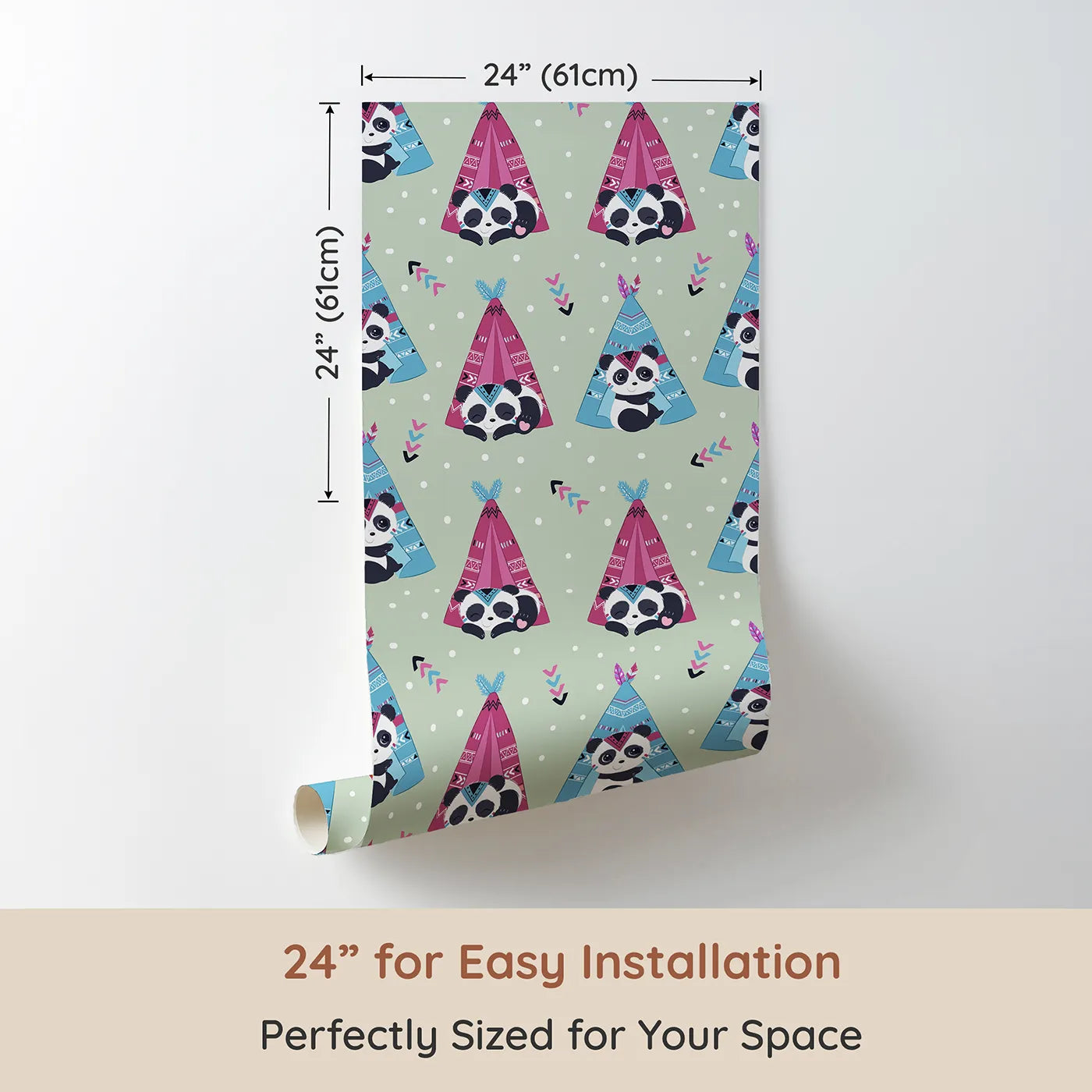 Dimension view of Whimsy Tots Tribal Camp Panda Wallpaper in Sage Green (W3038D). Printed in 24-inch-wide panel for easy installation. Cuddly pandas rest in tribal tents across a soft sage green landscape.