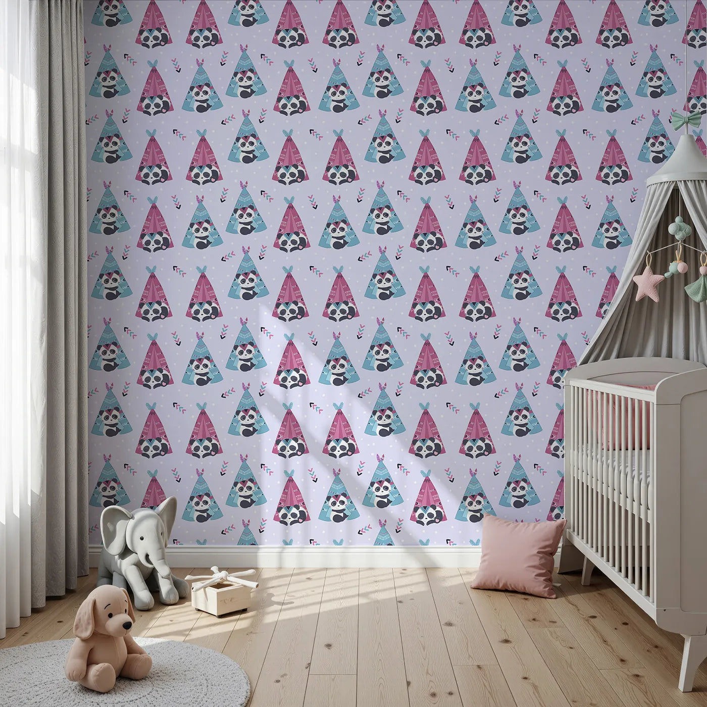 Front view of Whimsy Tots' Tribal Camp Panda Wallpaper in Lavender