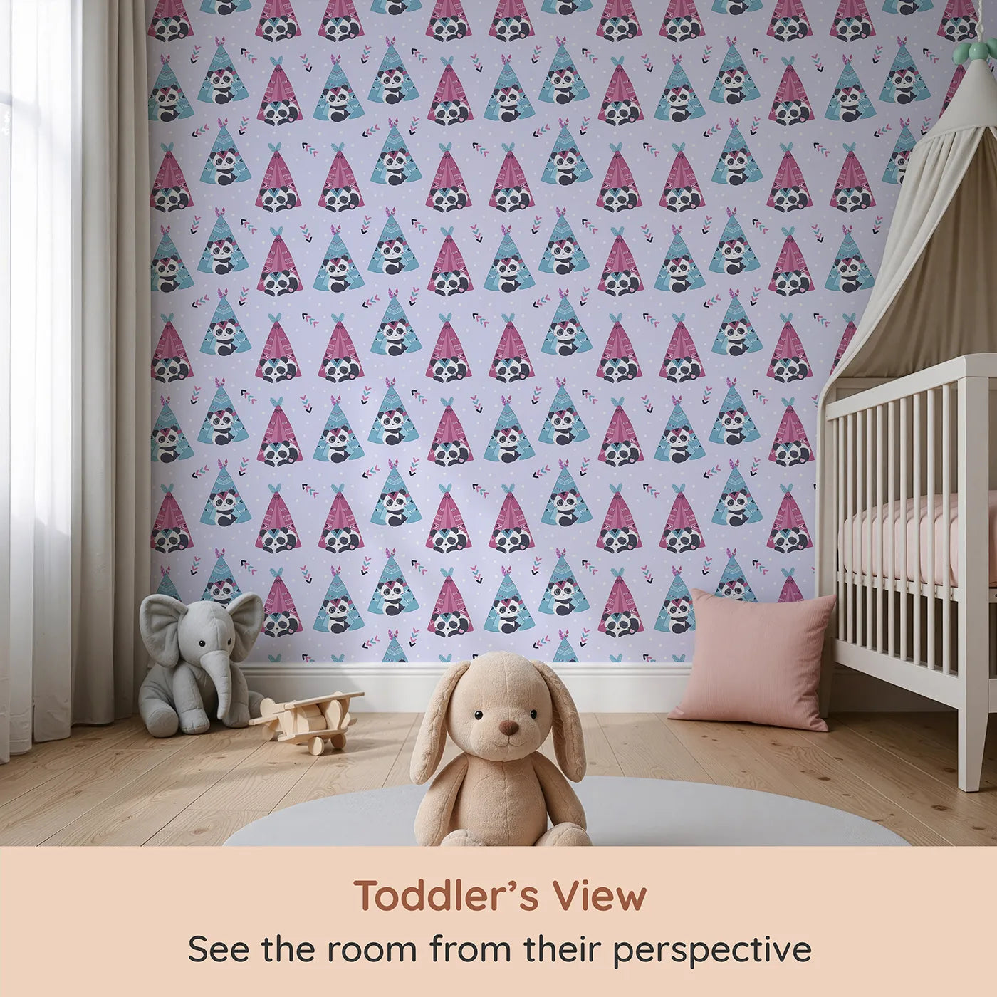 Whimsy Tots Tribal Camp Panda Wallpaper in Lavender (W3038E) from your child's view.Snuggly pandas peek from tribal tents under a dreamy purple sky.