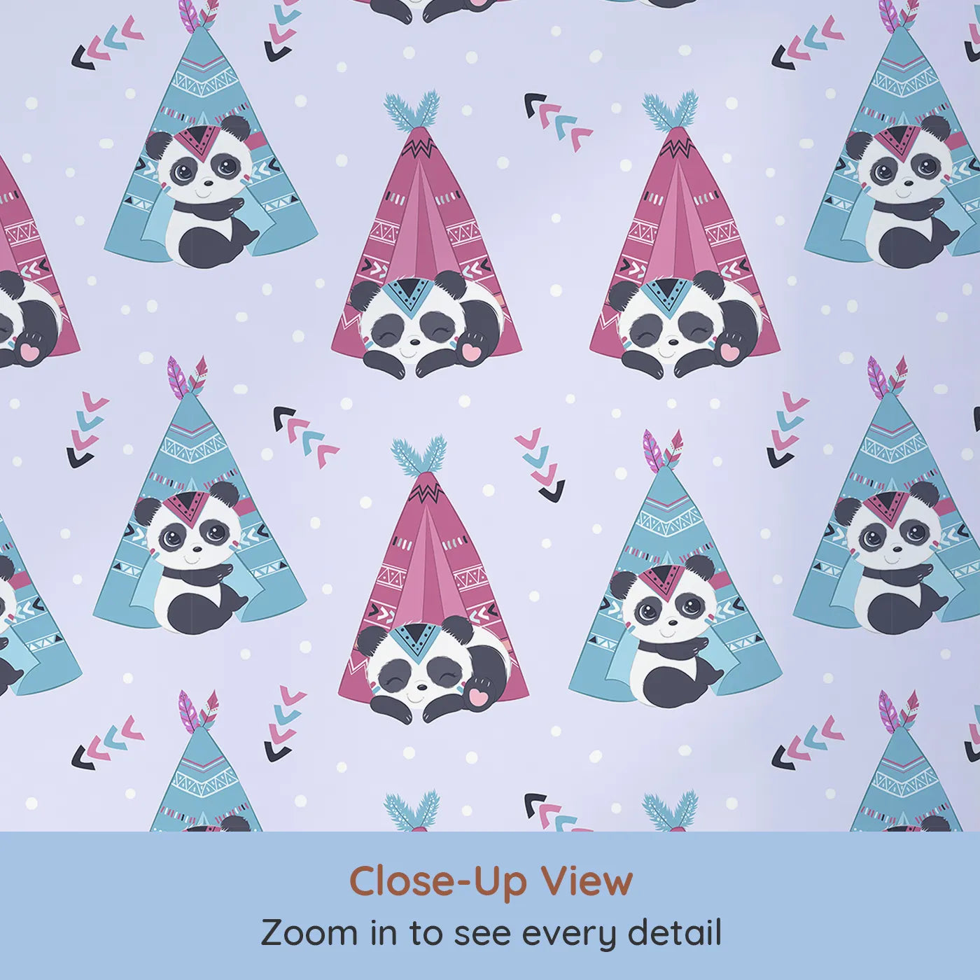Close-up view of Whimsy Tots' Tribal Camp Panda Wallpaper in Lavender (W3038E).Snuggly pandas peek from tribal tents under a dreamy purple sky.