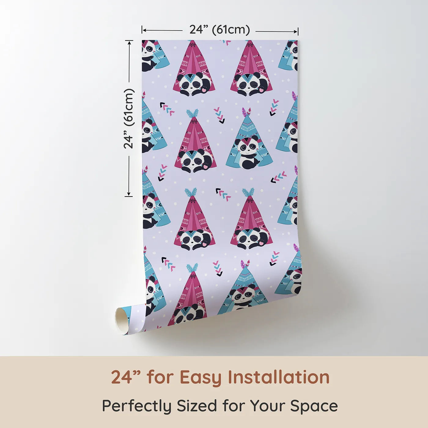 Dimension view of Whimsy Tots Tribal Camp Panda Wallpaper in Lavender (W3038E). Printed in 24-inch-wide panel for easy installation. Snuggly pandas peek from tribal tents under a dreamy purple sky.