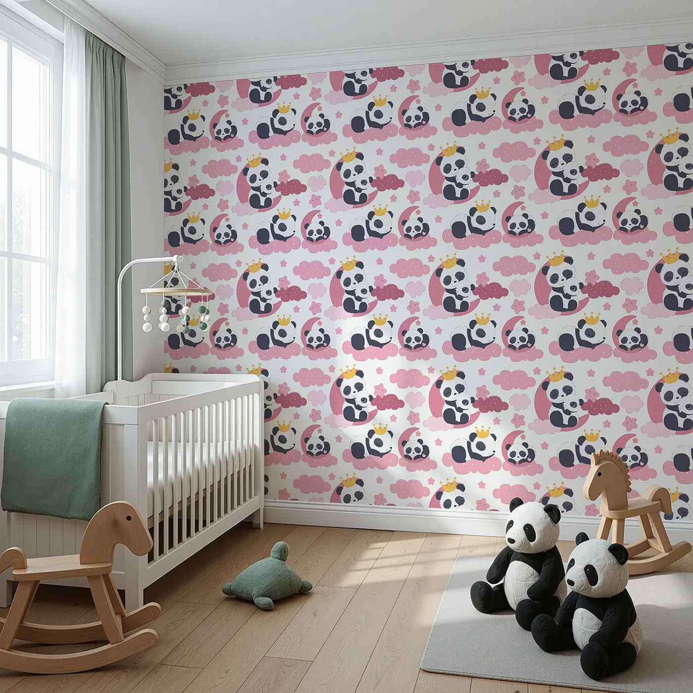 Angled view of Whimsy Tots' Panda Dreamclouds Wallpaper in Pink (W3039A).Cuddly pandas and pink clouds bring cozy charm to bedtime.