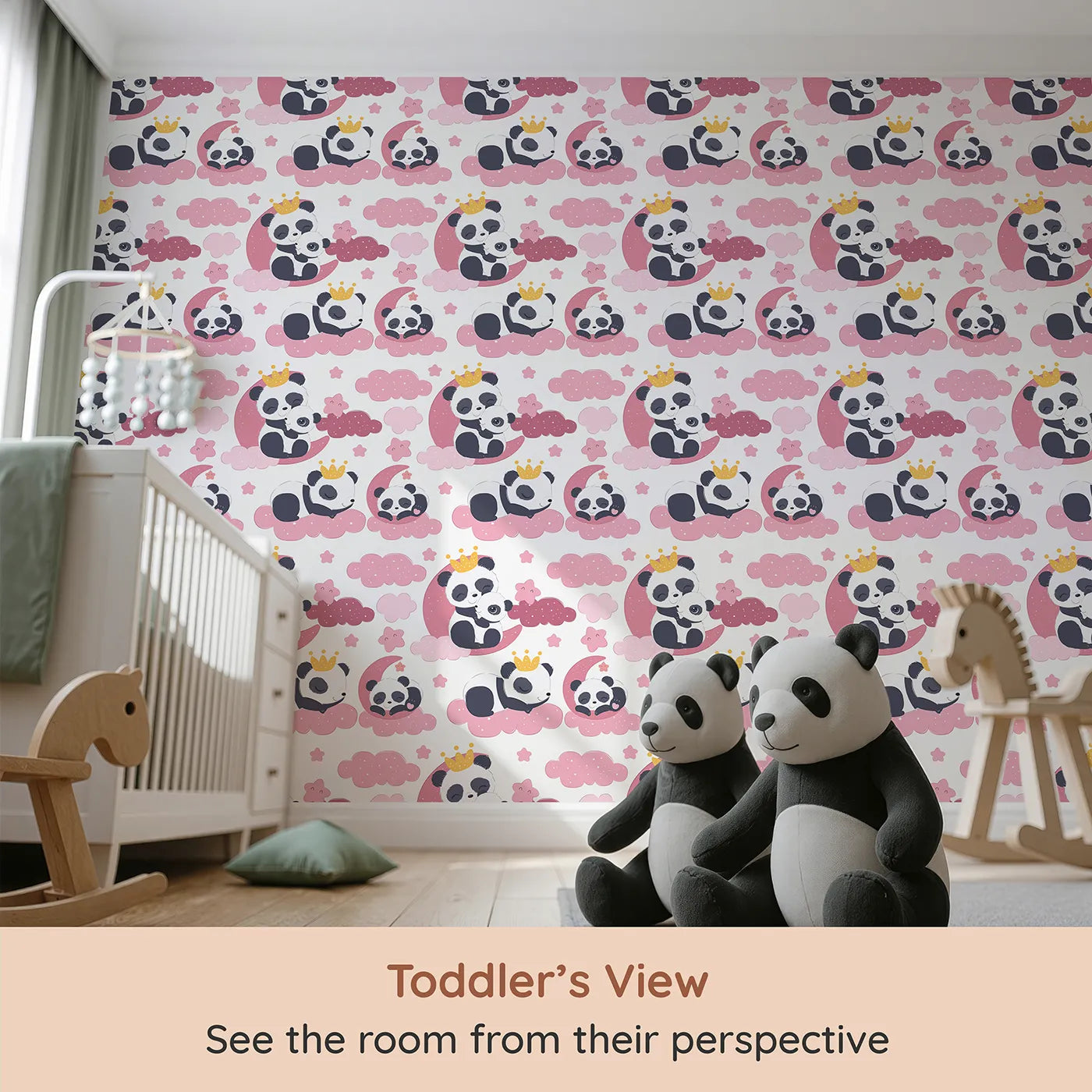 Whimsy Tots Panda Dreamclouds Wallpaper in Pink (W3039A) from your child's view.Cuddly pandas and pink clouds bring cozy charm to bedtime.