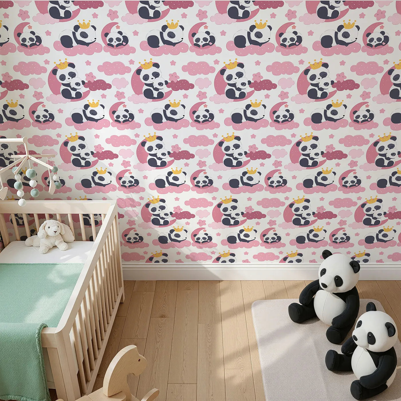 Top-Down view of Whimsy Tots' Panda Dreamclouds Wallpaper in Pink (W3039A).Cuddly pandas and pink clouds bring cozy charm to bedtime.