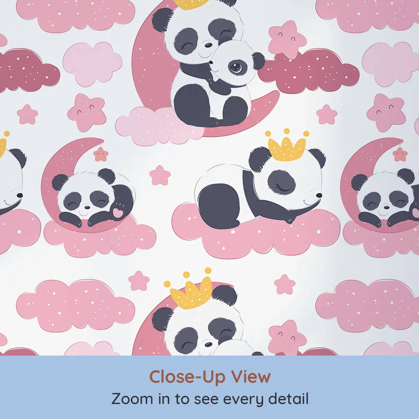 Close-up view of Whimsy Tots' Panda Dreamclouds Wallpaper in Pink (W3039A).Cuddly pandas and pink clouds bring cozy charm to bedtime.