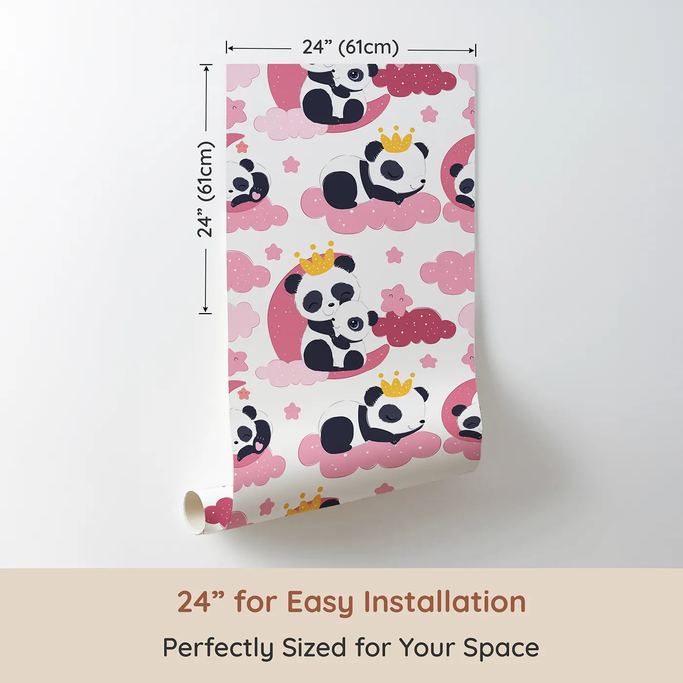 Dimension view of Whimsy Tots Panda Dreamclouds Wallpaper in Pink (W3039A). Printed in 24-inch-wide panel for easy installation. Cuddly pandas and pink clouds bring cozy charm to bedtime.