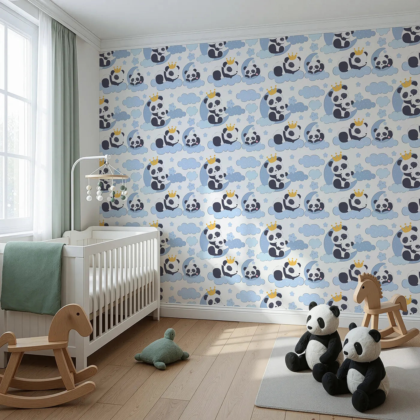 Angled view of Whimsy Tots' Panda Dreamclouds Wallpaper in Blue (W3039B).Crowned pandas drift through soft blue clouds and starry skies.