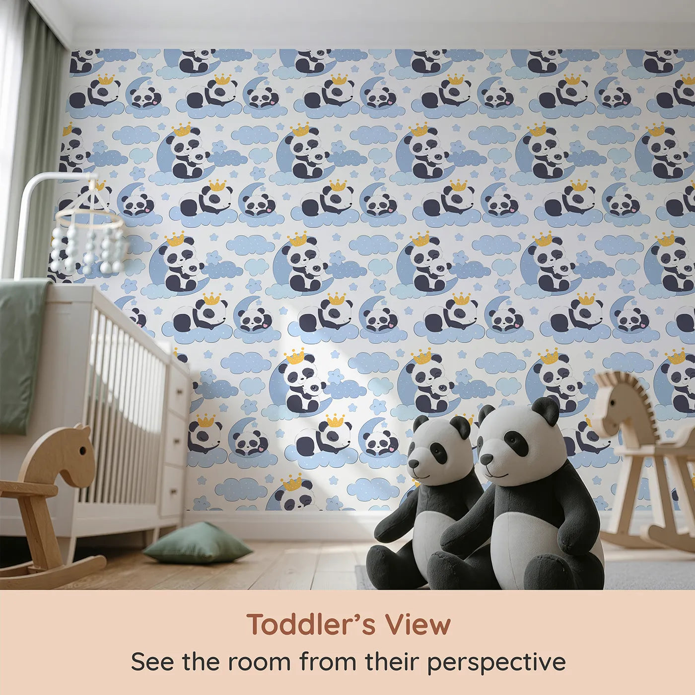 Whimsy Tots Panda Dreamclouds Wallpaper in Blue (W3039B) from your child's view.Crowned pandas drift through soft blue clouds and starry skies.