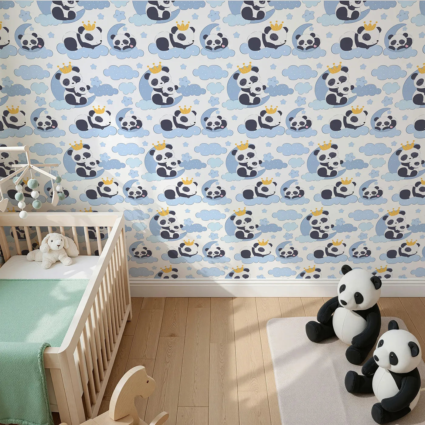 Top-Down view of Whimsy Tots' Panda Dreamclouds Wallpaper in Blue (W3039B).Crowned pandas drift through soft blue clouds and starry skies.