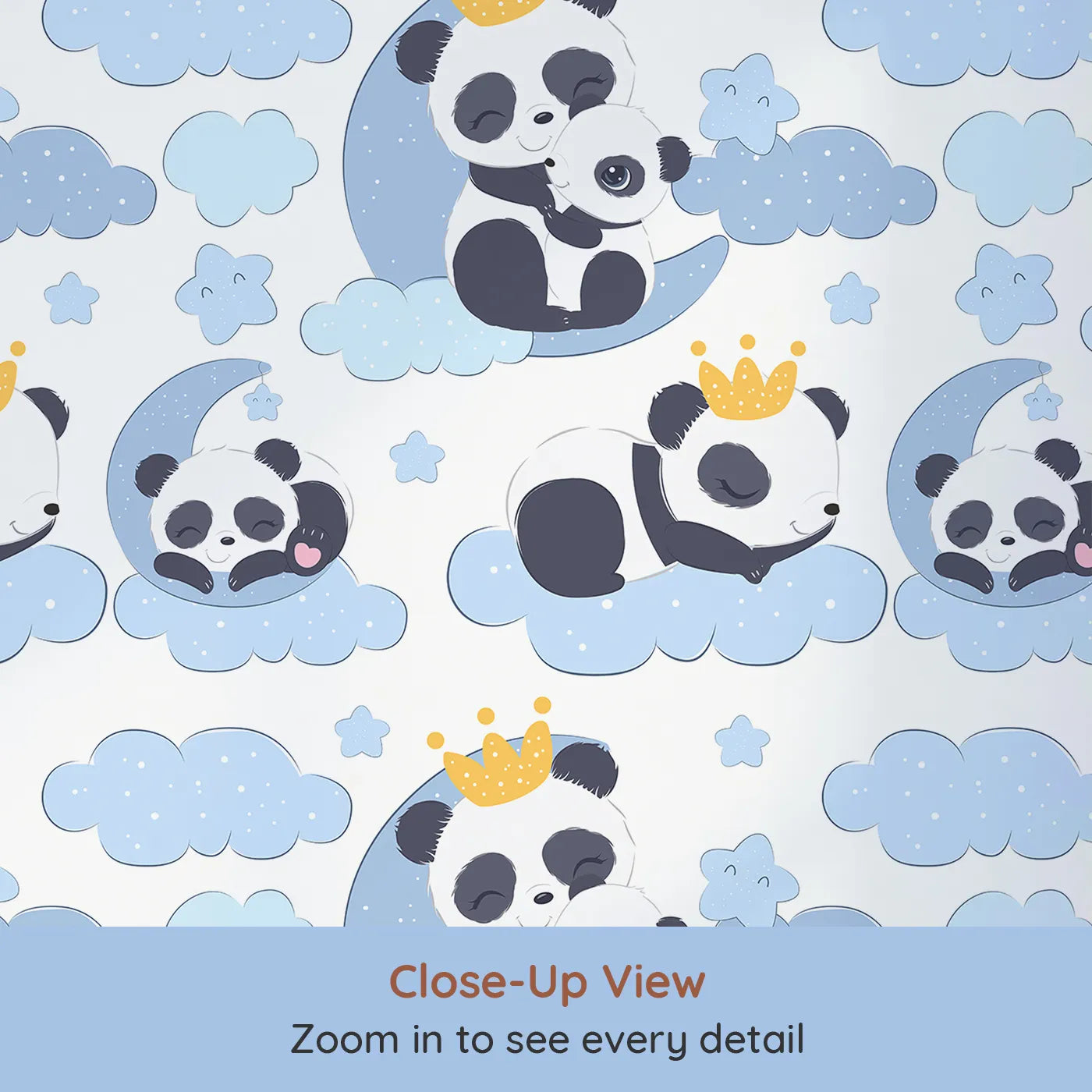 Close-up view of Whimsy Tots' Panda Dreamclouds Wallpaper in Blue (W3039B).Crowned pandas drift through soft blue clouds and starry skies.