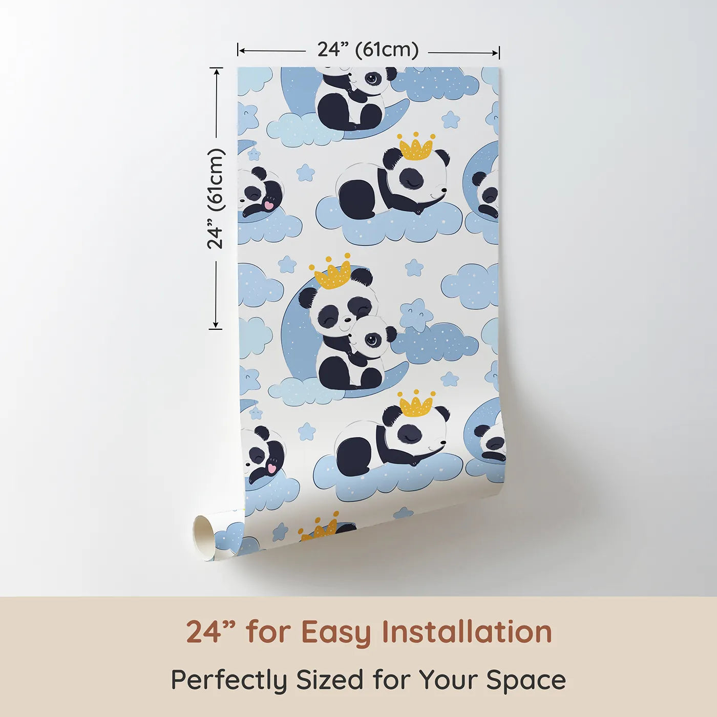 Dimension view of Whimsy Tots Panda Dreamclouds Wallpaper in Blue (W3039B). Printed in 24-inch-wide panel for easy installation. Crowned pandas drift through soft blue clouds and starry skies.