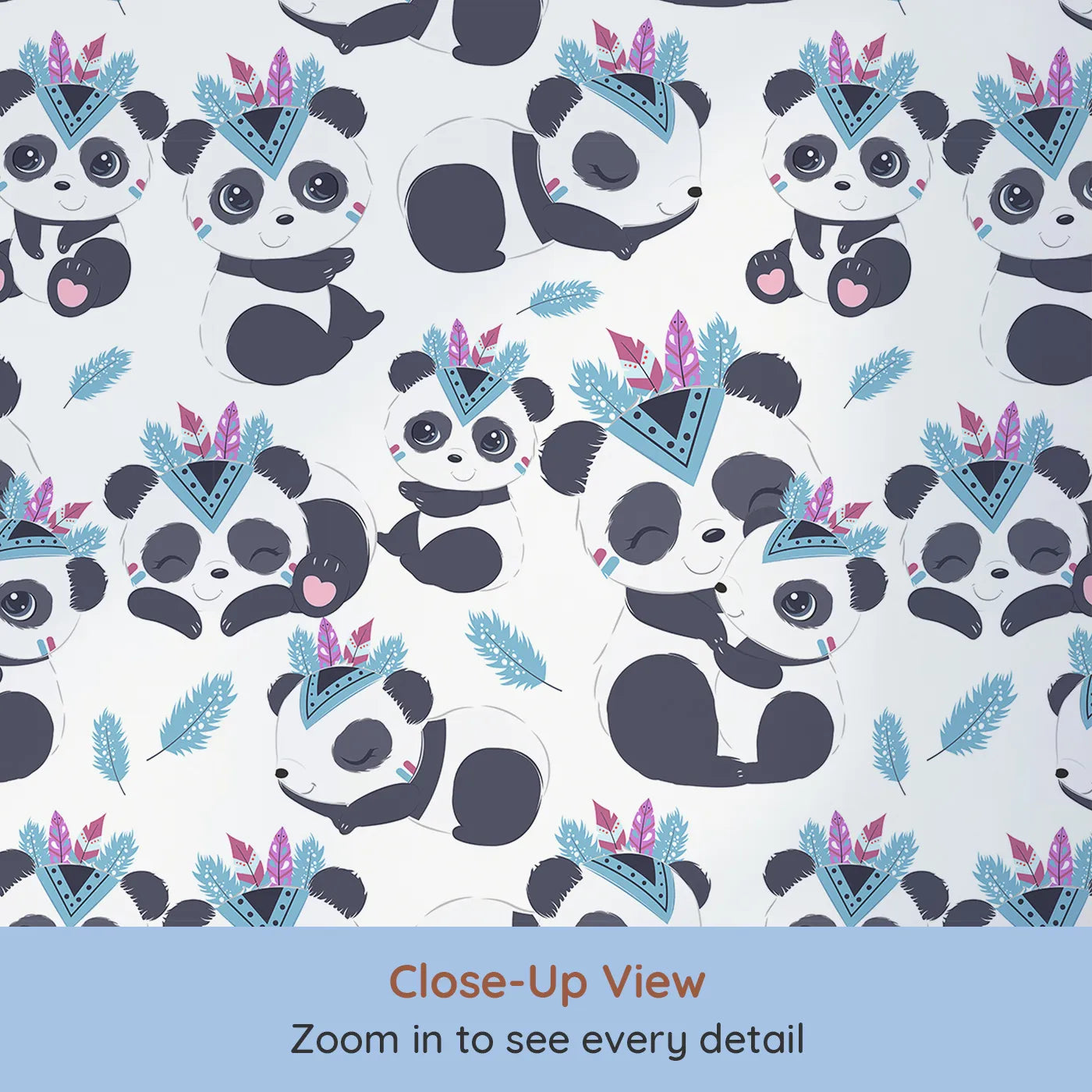 Close-up view of Whimsy Tots' Tribal Hug Panda Wallpaper in White (W3040A).Feather-crowned pandas share hugs and giggles across a soft white sky.