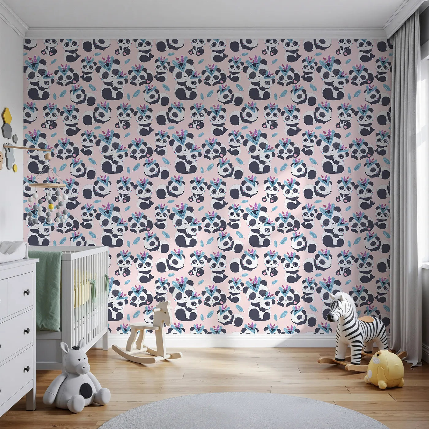 Front view of Whimsy Tots' Tribal Hug Panda Wallpaper in Pink