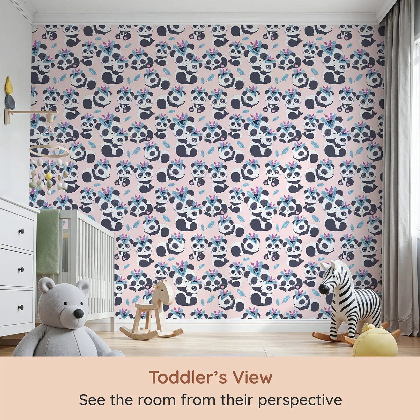 Whimsy Tots Tribal Hug Panda Wallpaper in Pink (W3040B) from your child's view.Adventurous pandas share hugs beneath floating feathers on a blush-pink field.
