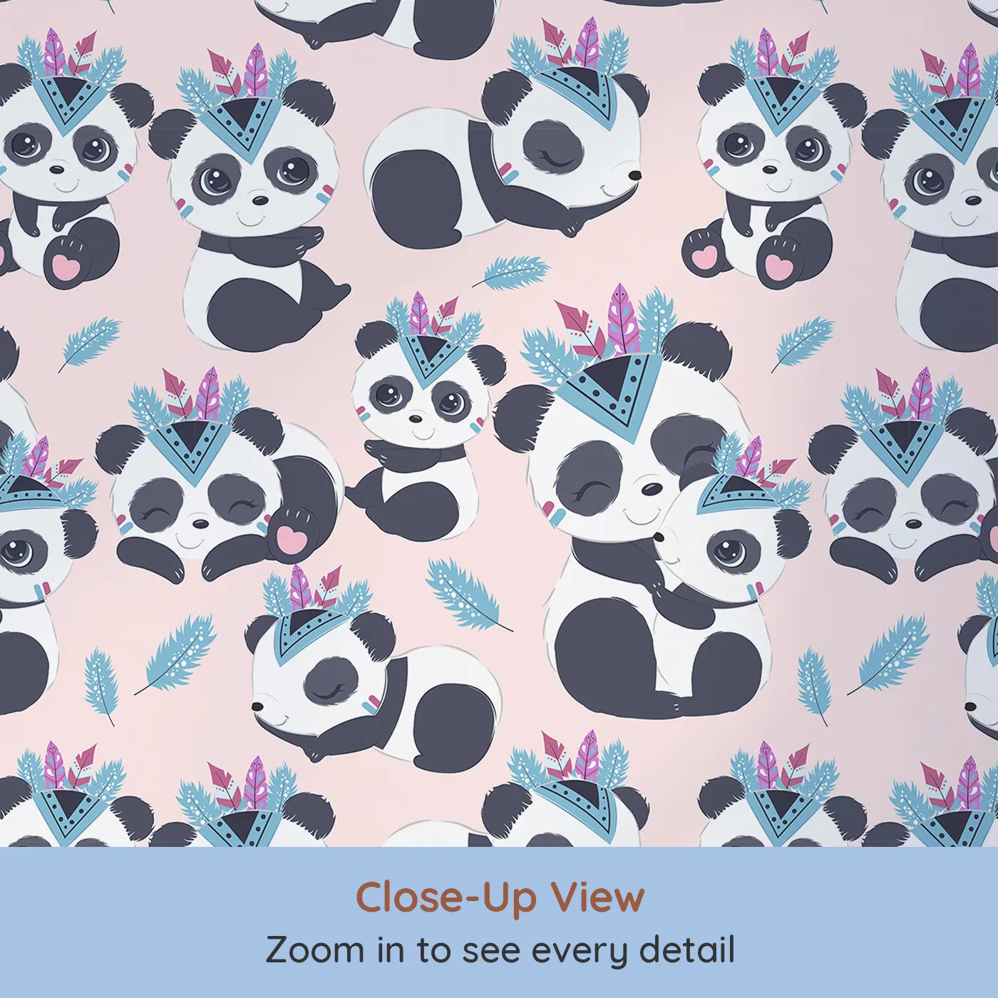 Close-up view of Whimsy Tots' Tribal Hug Panda Wallpaper in Pink (W3040B).Adventurous pandas share hugs beneath floating feathers on a blush-pink field.