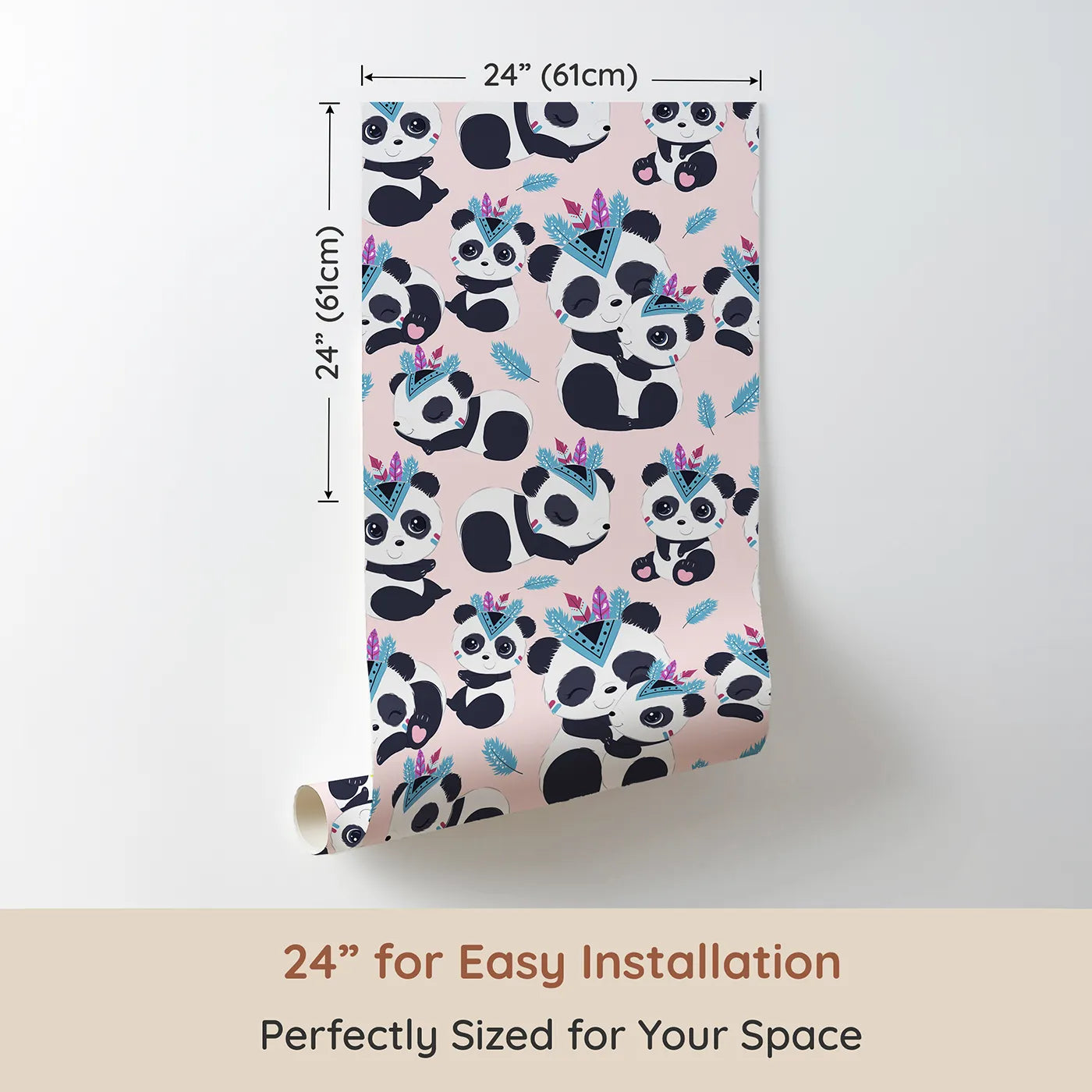 Dimension view of Whimsy Tots Tribal Hug Panda Wallpaper in Pink (W3040B). Printed in 24-inch-wide panel for easy installation. Adventurous pandas share hugs beneath floating feathers on a blush-pink field.