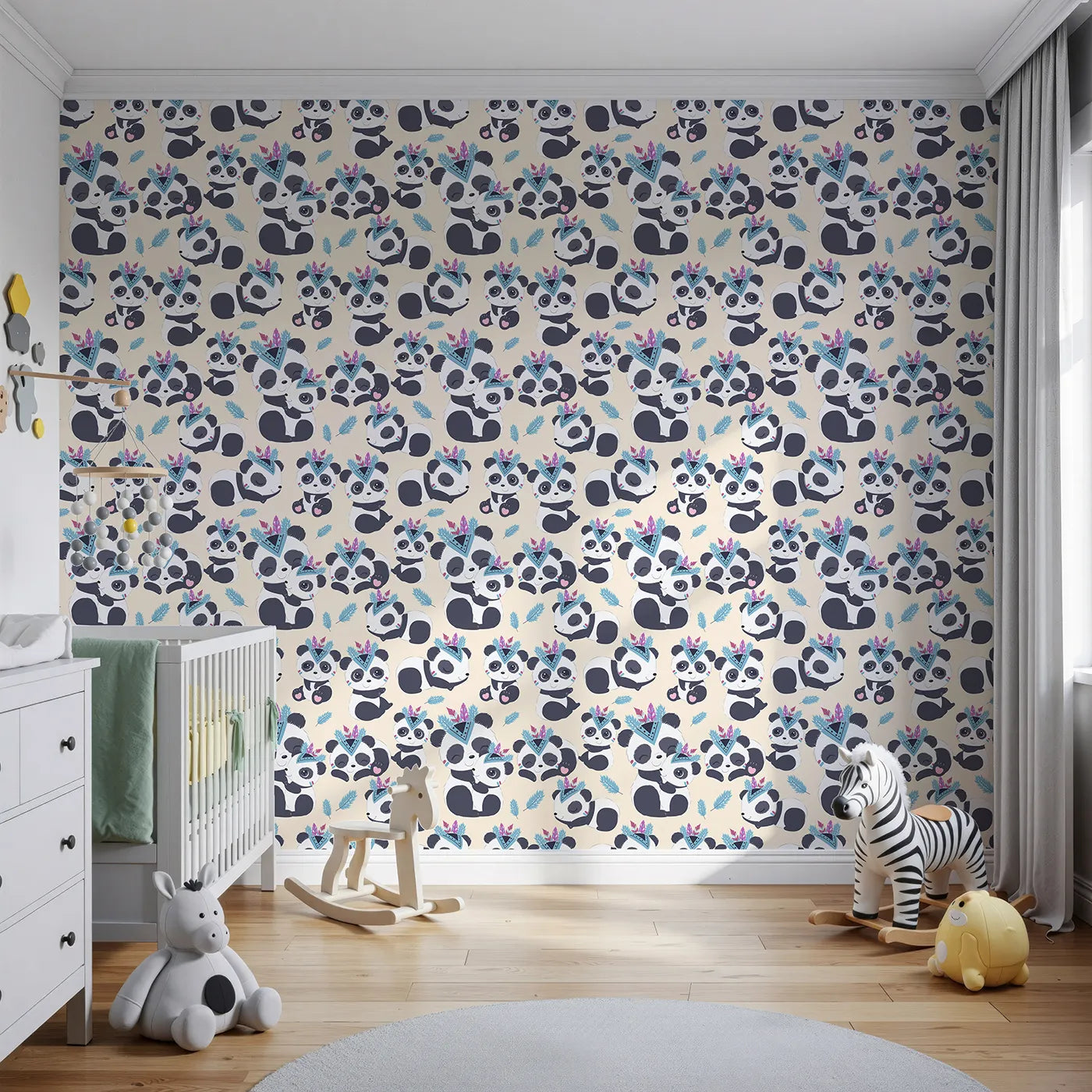 Front view of Whimsy Tots' Tribal Hug Panda Wallpaper in Beige