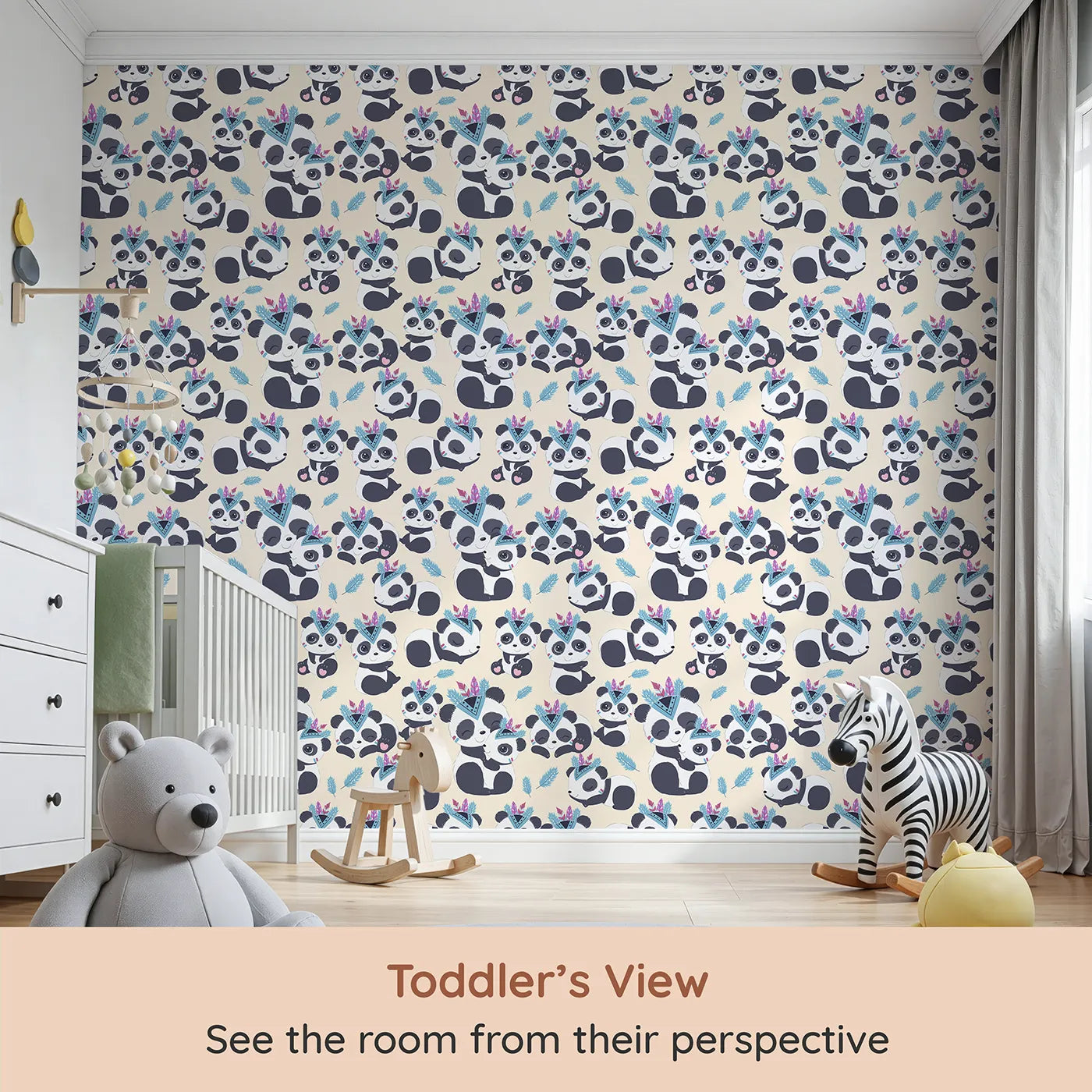 Whimsy Tots Tribal Hug Panda Wallpaper in Beige (W3040C) from your child's view.Tribal pandas cuddle and play beneath drifting feathers on a warm beige sky.