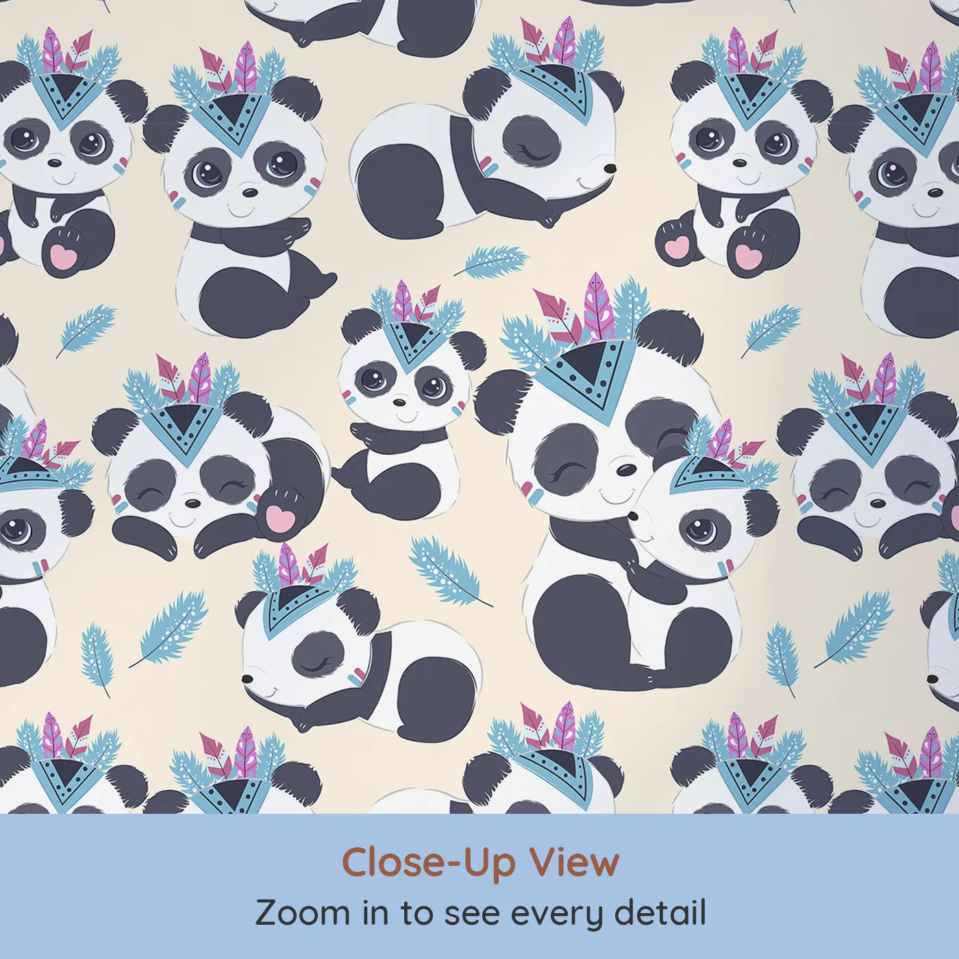 Close-up view of Whimsy Tots' Tribal Hug Panda Wallpaper in Beige (W3040C).Tribal pandas cuddle and play beneath drifting feathers on a warm beige sky.