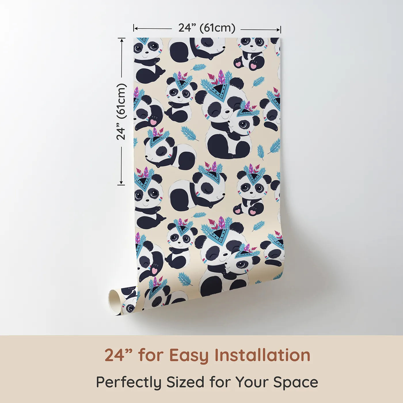 Dimension view of Whimsy Tots Tribal Hug Panda Wallpaper in Beige (W3040C). Printed in 24-inch-wide panel for easy installation. Tribal pandas cuddle and play beneath drifting feathers on a warm beige sky.