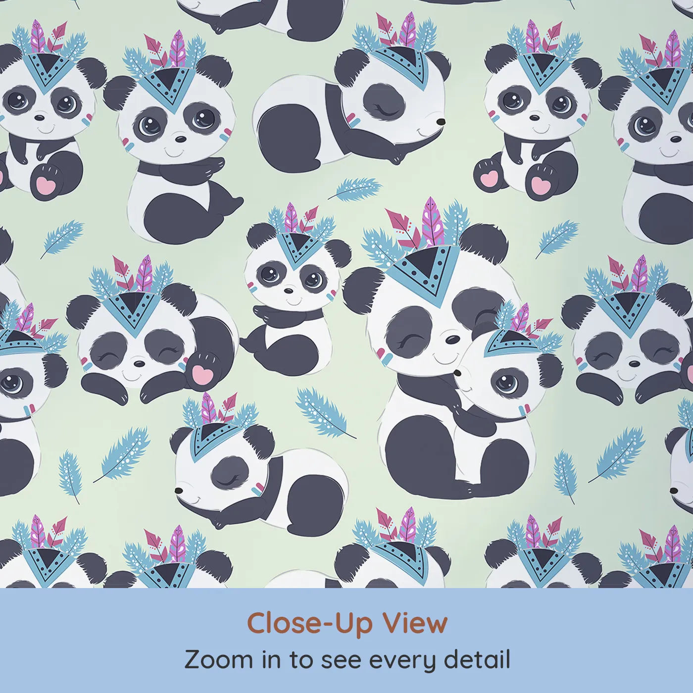 Close-up view of Whimsy Tots' Tribal Hug Panda Wallpaper in Mint Green (W3040D).Smiling pandas in tribal feathers play on a gentle minty green field.