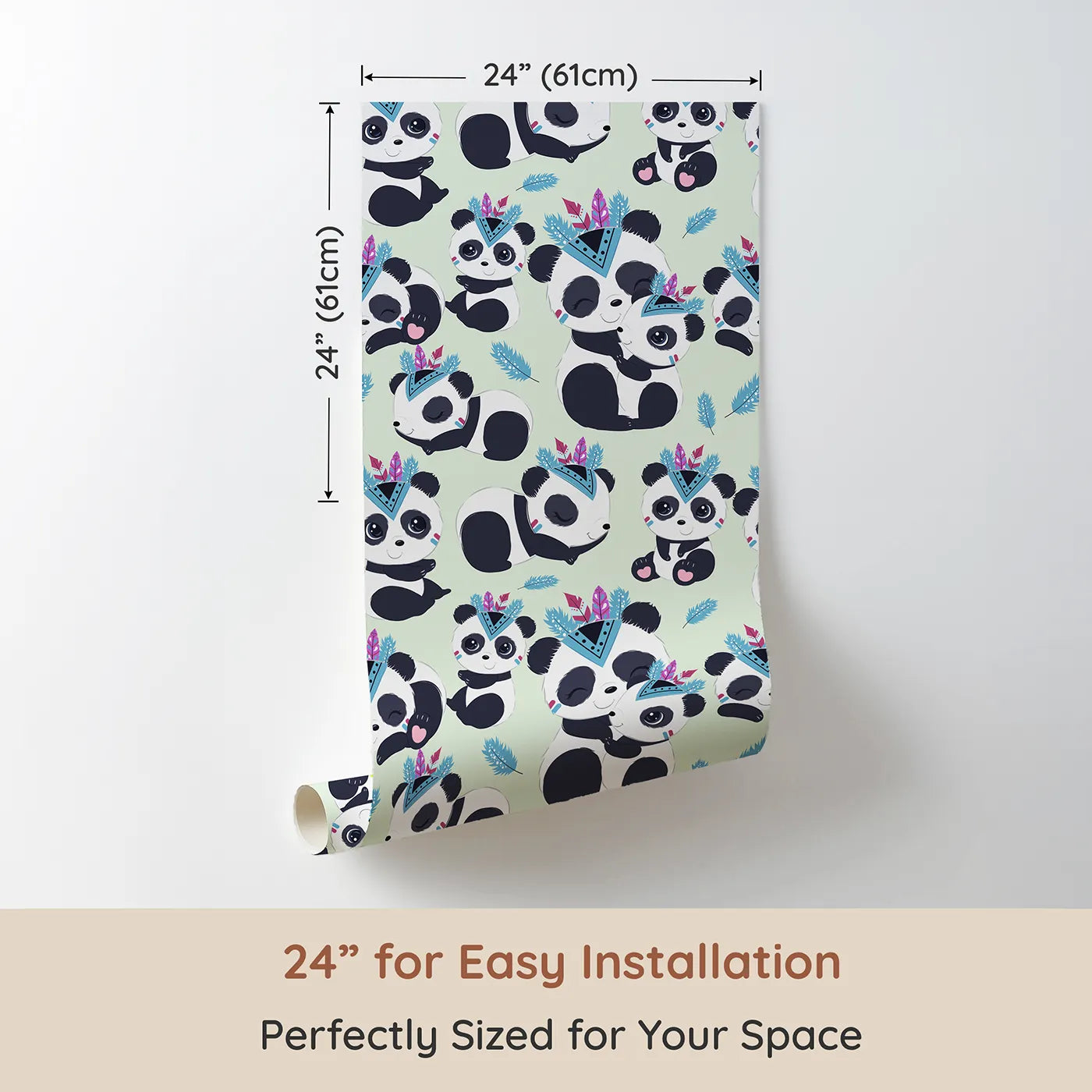 Dimension view of Whimsy Tots Tribal Hug Panda Wallpaper in Mint Green (W3040D). Printed in 24-inch-wide panel for easy installation. Smiling pandas in tribal feathers play on a gentle minty green field.