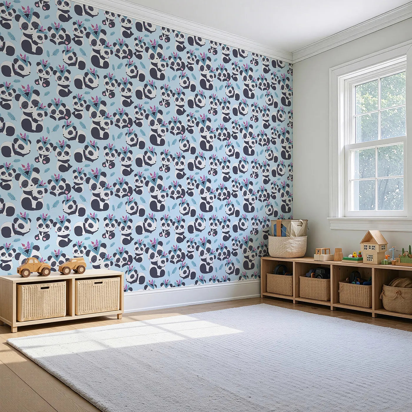 Angled view of Whimsy Tots' Tribal Hug Panda Wallpaper in Blue (W3040E).Feathered pandas snuggle under a sky-blue canopy of calm.